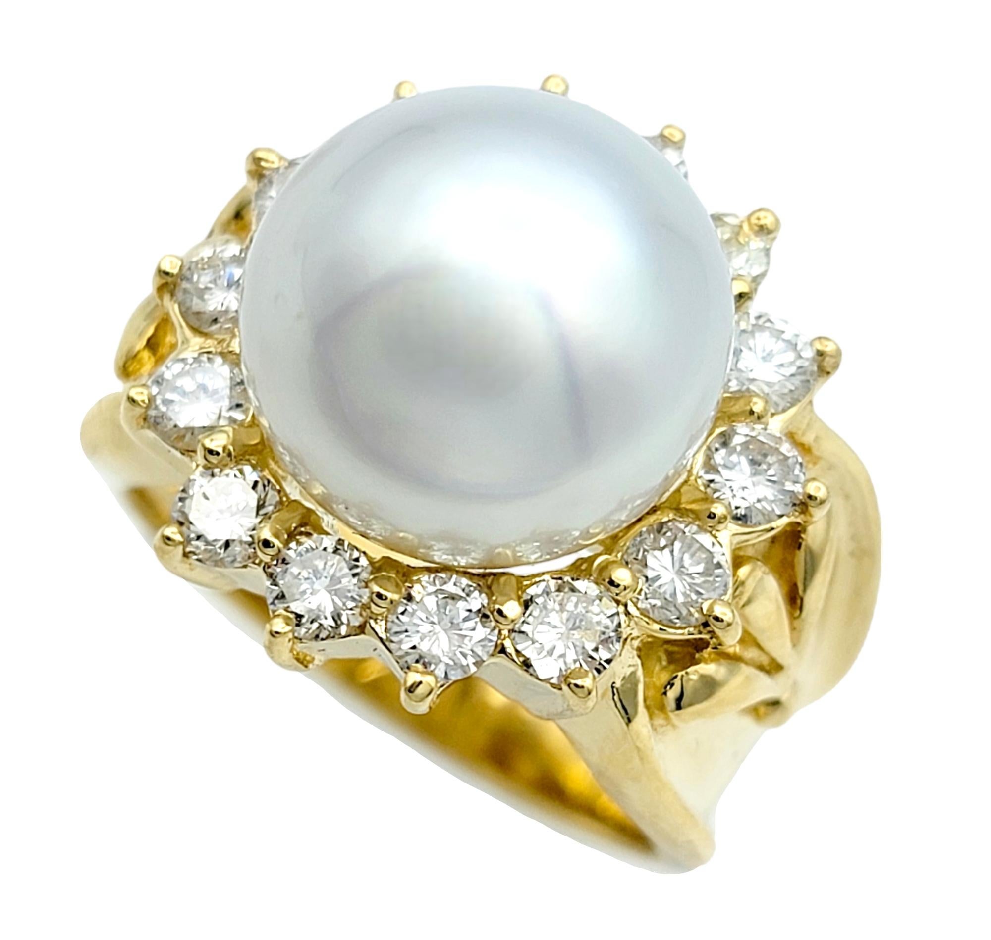 Cultured White Pearl and Diamond Halo Cocktail Ring in 18 Karat Yellow Gold In Good Condition For Sale In Scottsdale, AZ