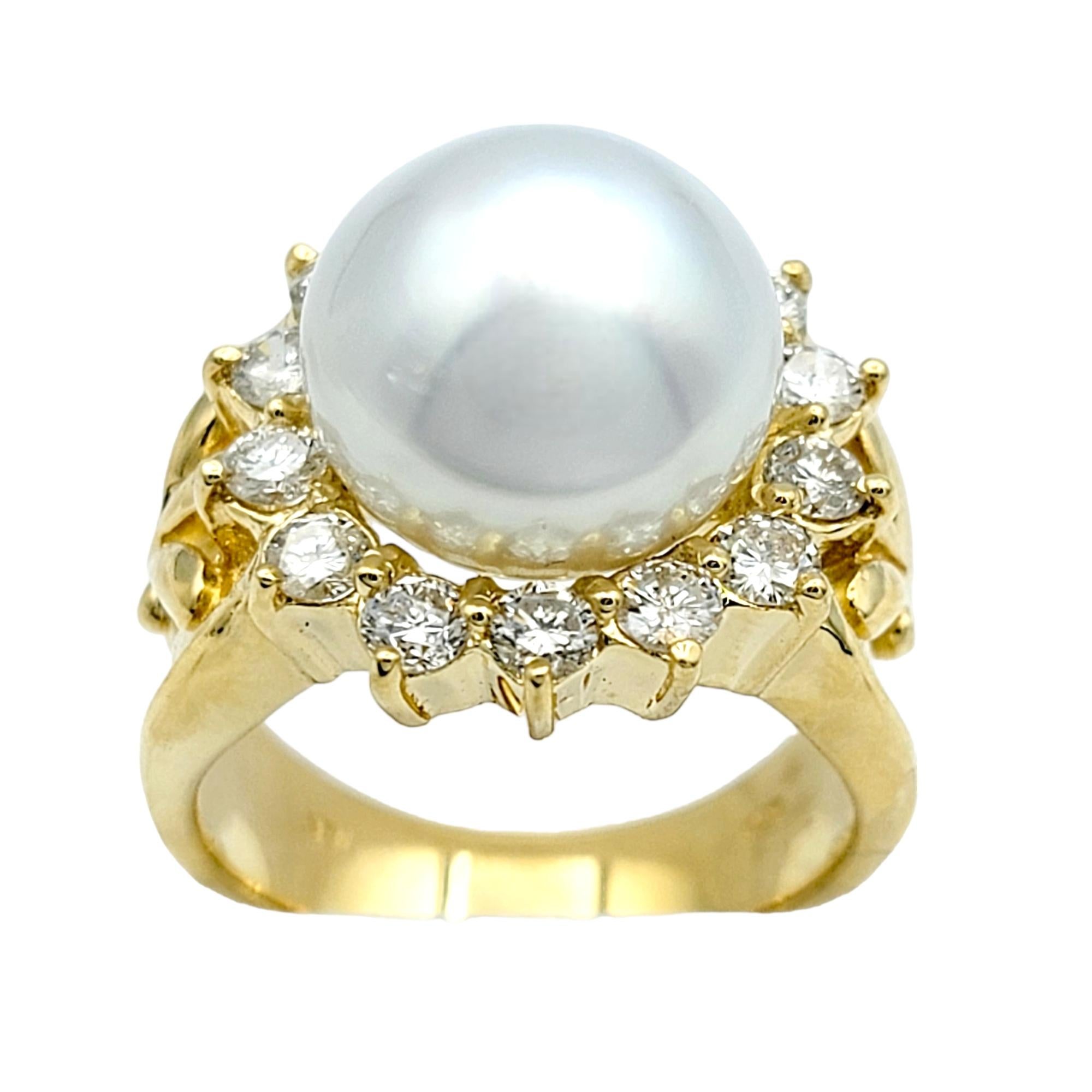 Women's Cultured White Pearl and Diamond Halo Cocktail Ring in 18 Karat Yellow Gold For Sale