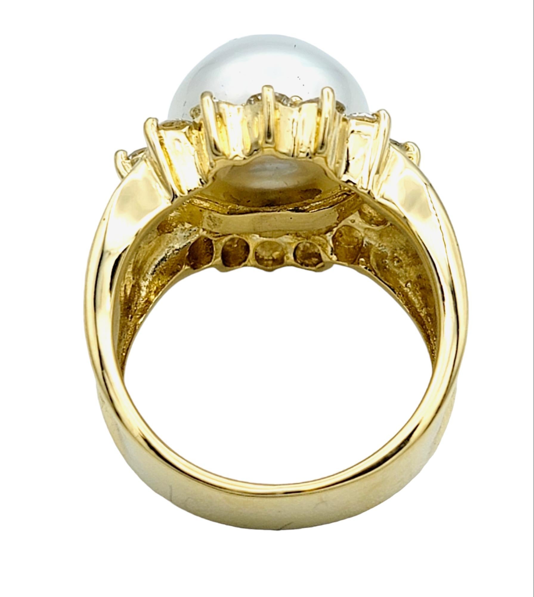 Cultured White Pearl and Diamond Halo Cocktail Ring in 18 Karat Yellow Gold For Sale 1