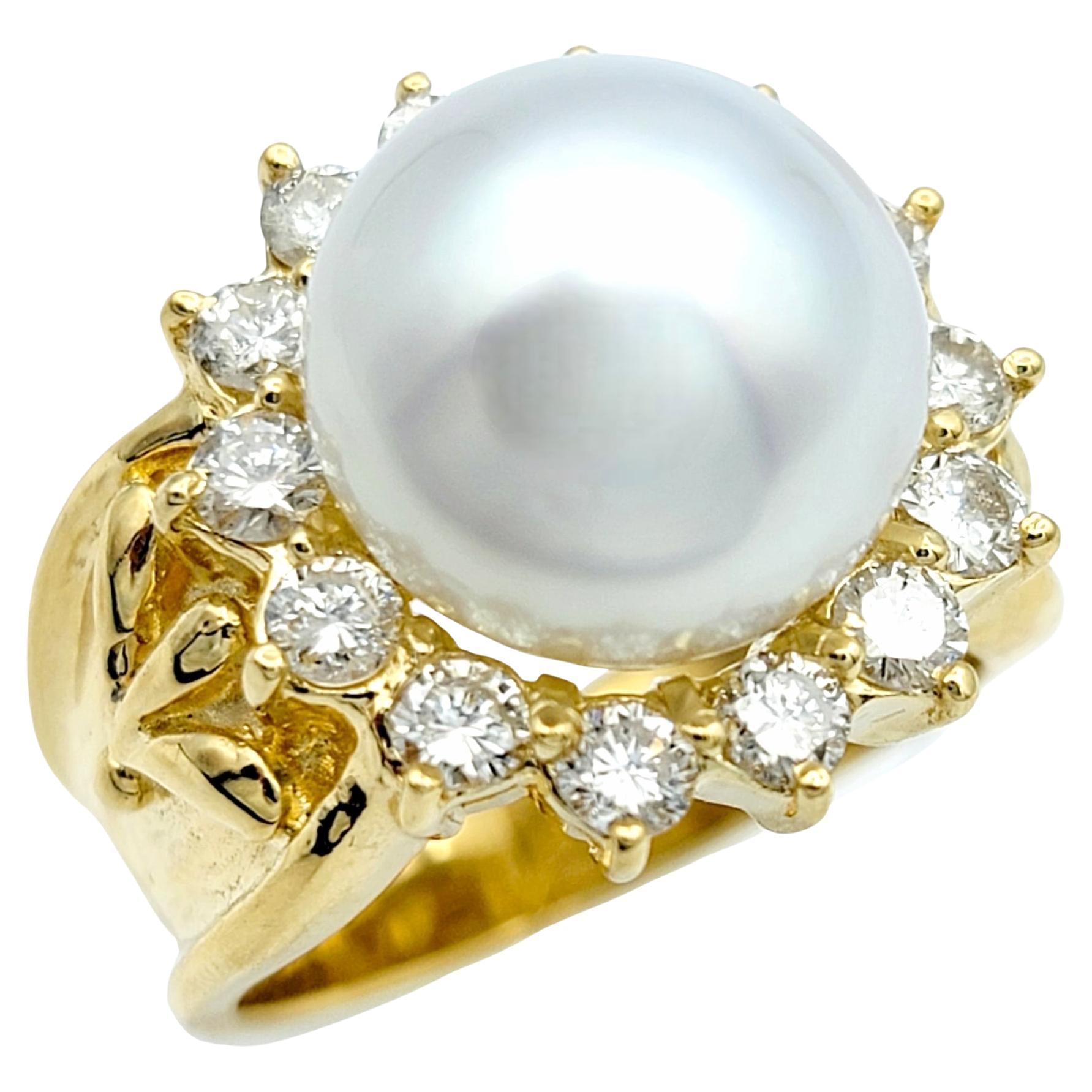 Cultured White Pearl and Diamond Halo Cocktail Ring in 18 Karat Yellow Gold For Sale