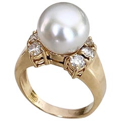 Cultured White Pearl Diamond Vintage Ring 50s