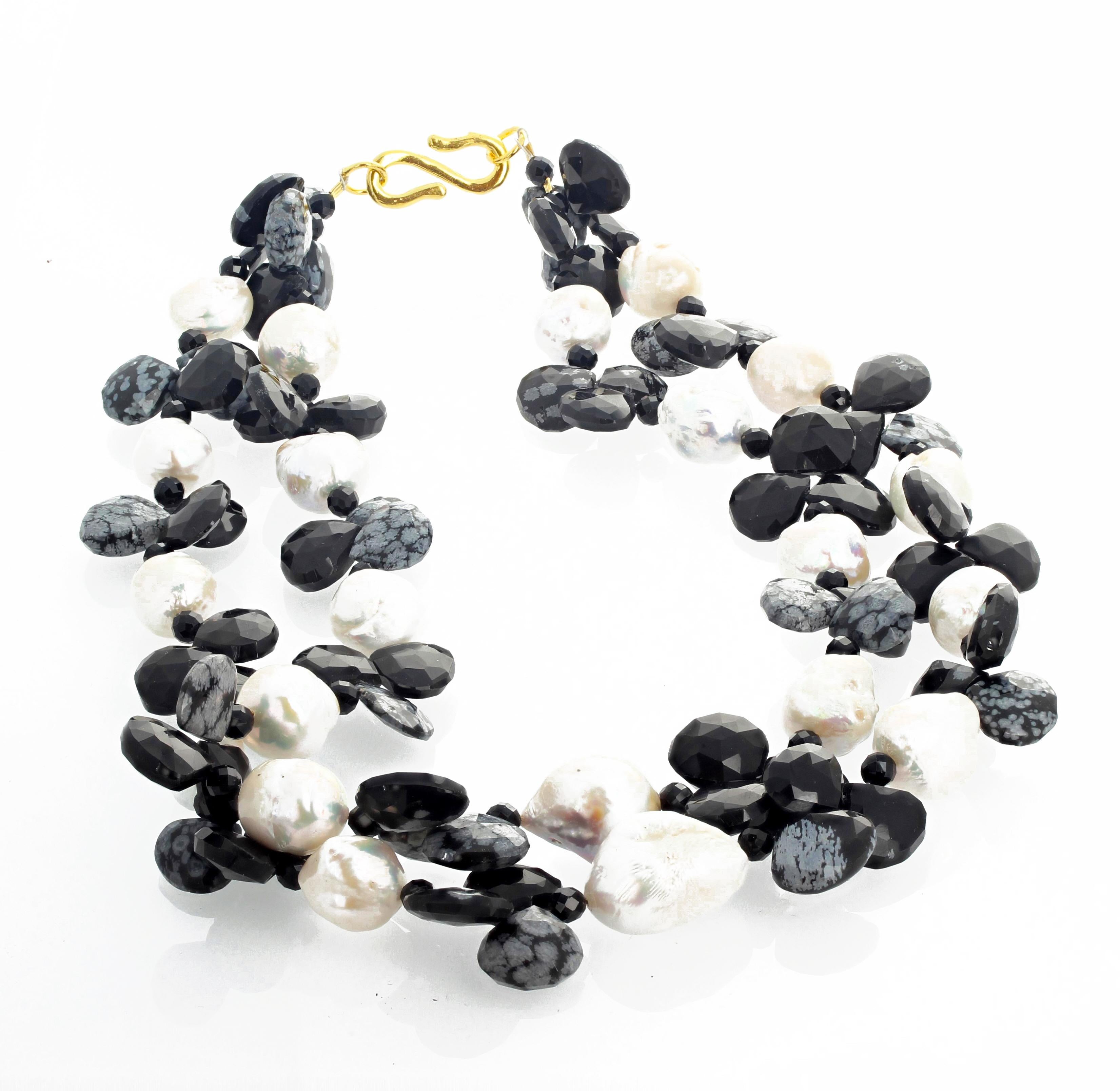 Double strand of sparkling checkerboard gemcut Snowflake Obsidian enhance these beautiful natural cultured Pearls accented with glistening black Spinel gems set in an 18.5 inch long flippy floppy necklace with a hook clasp.  The largest Pearl is