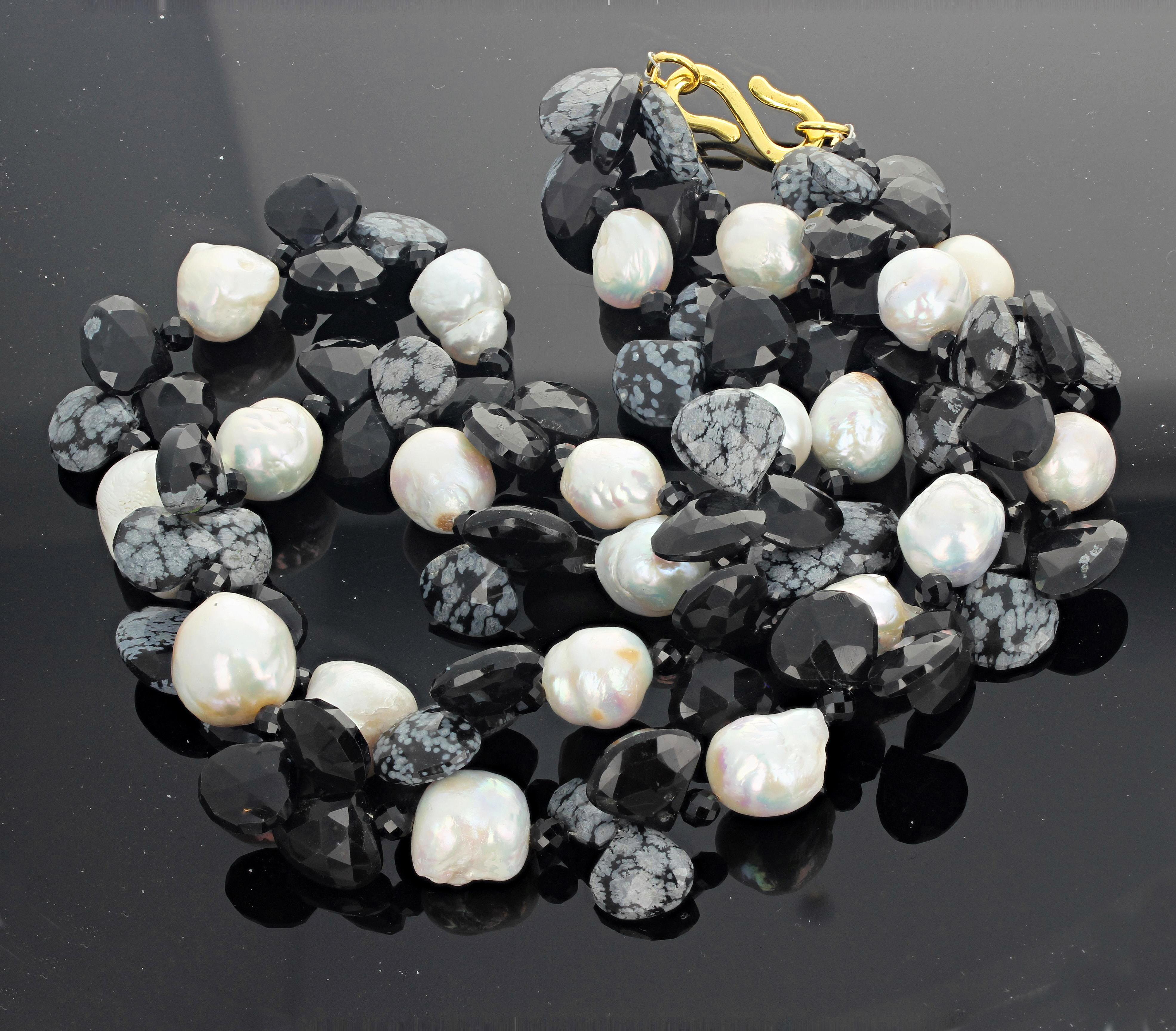 Mixed Cut Gemjunky Dramatic Elegant Cultured White Pearls & Snowflake Obsidian Necklace