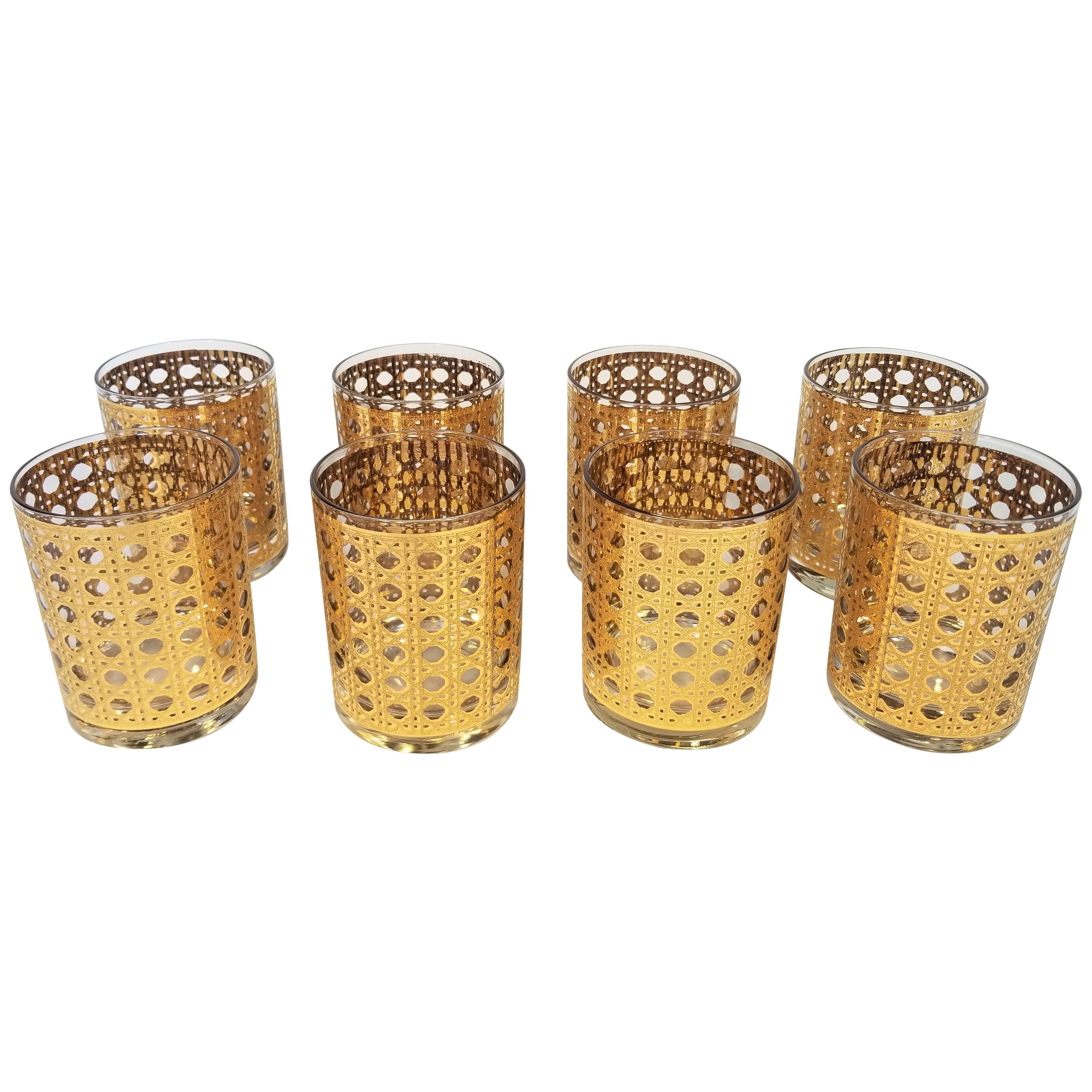 Culver 22-Karat Gold Canella Design Glassware Barware Midcentury Set of 8