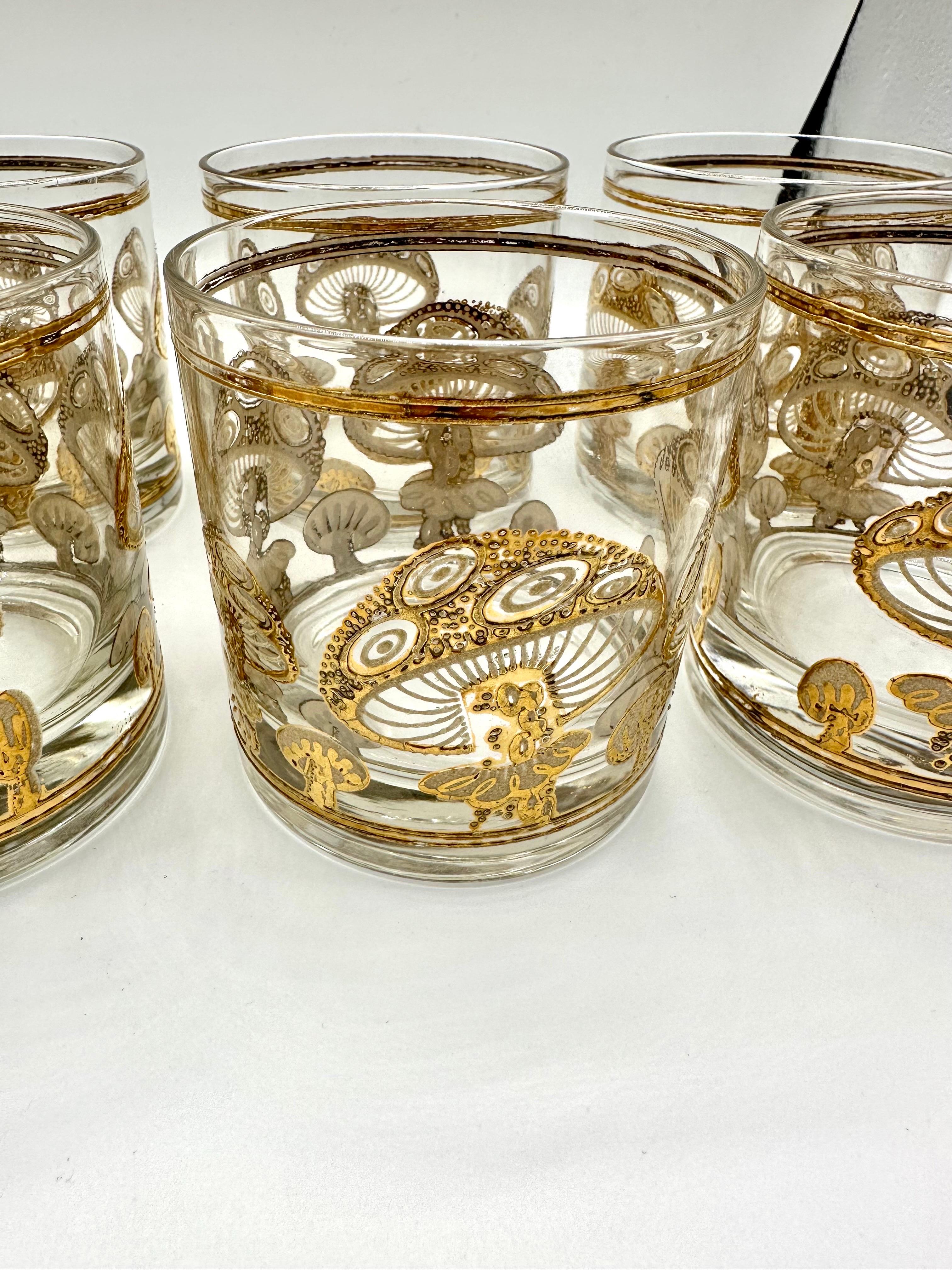 American Culver 22K Gold 1960s Mushroom Design Double Old Fashioned Glassware Barware