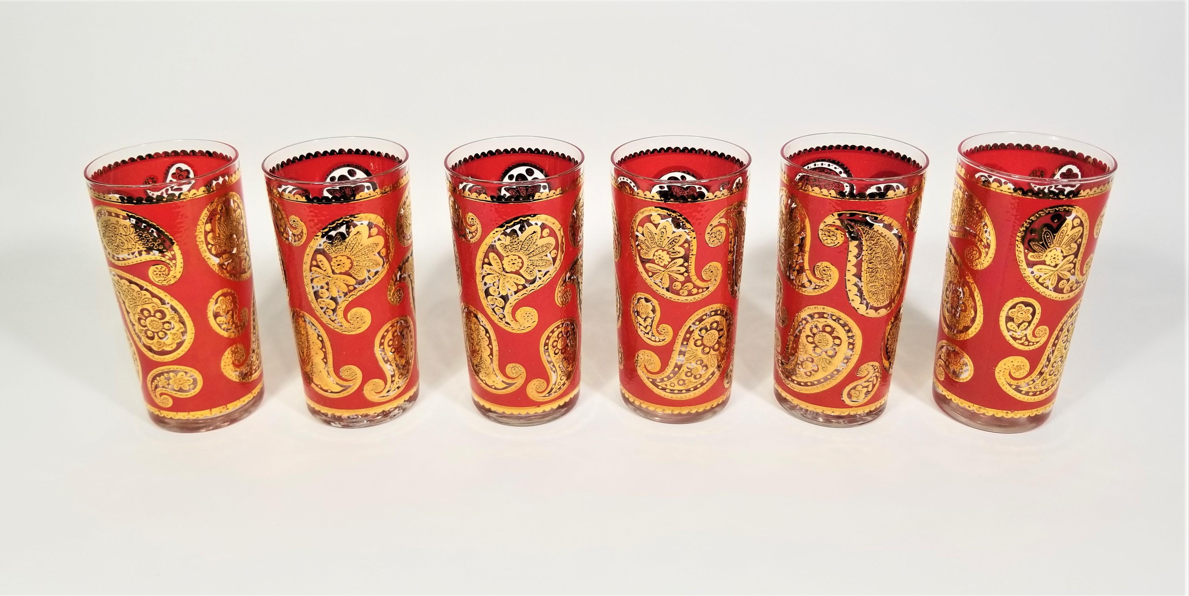 1960s mid century culver 22k gold and red. paisley design. Set of 6.:
 Excellent condition.