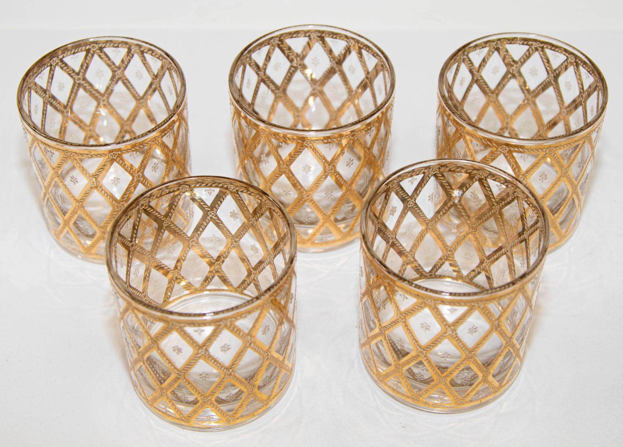 Mid-Century Modern Culver 22-Karat Gold Barware Rocks Glasses Diamond Pattern 1960s Signed