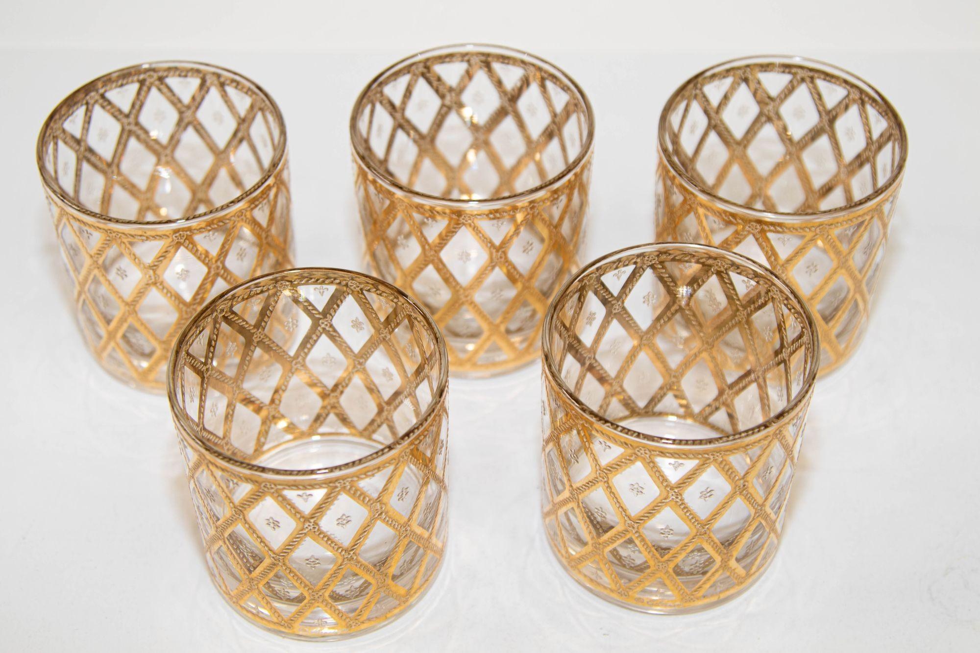 American Culver 22-Karat Gold Barware Rocks Glasses Diamond Pattern 1960s Signed