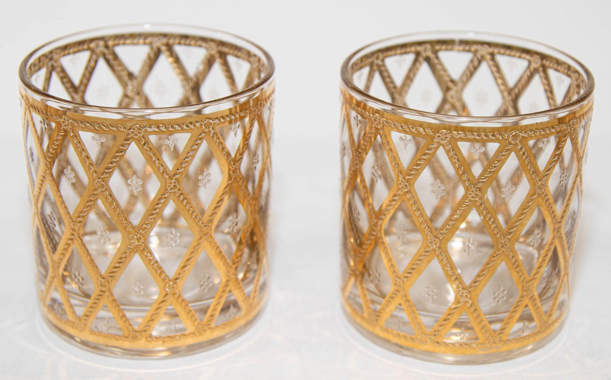 Mid-20th Century Culver 22-Karat Gold Barware Rocks Glasses Diamond Pattern 1960s Signed