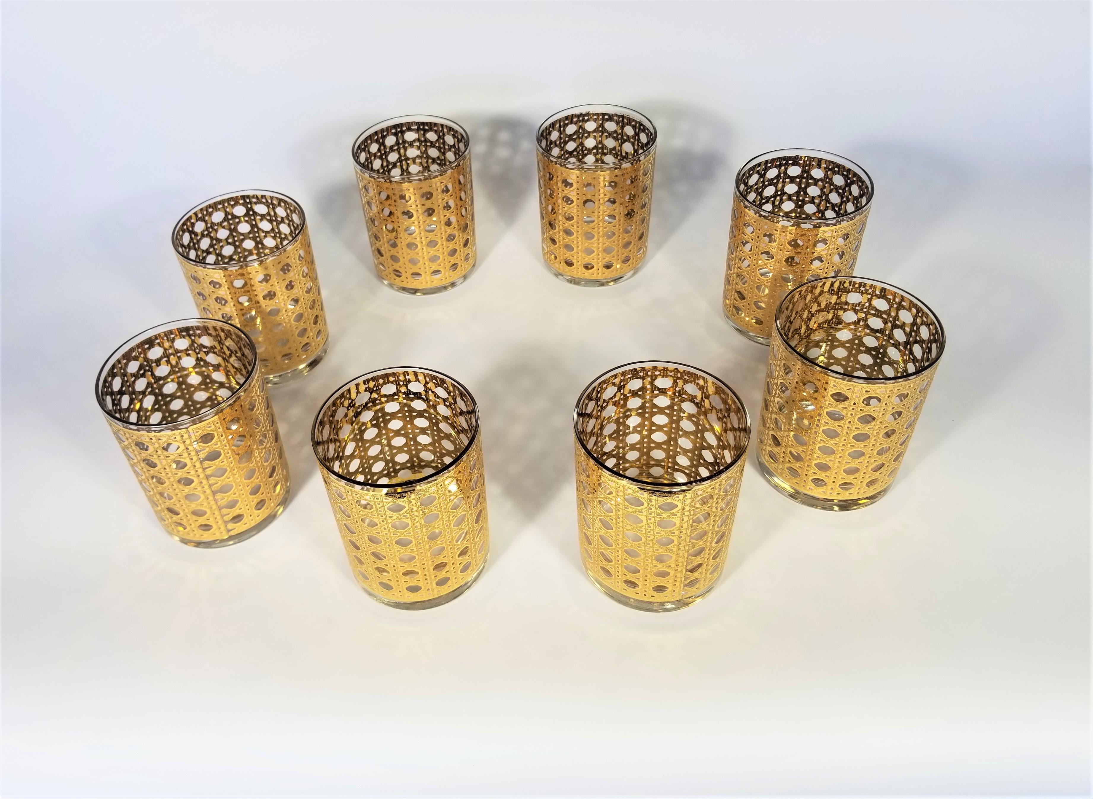 Culver 22-Karat Gold Canella Design Glassware Barware Midcentury Set of 8 9
