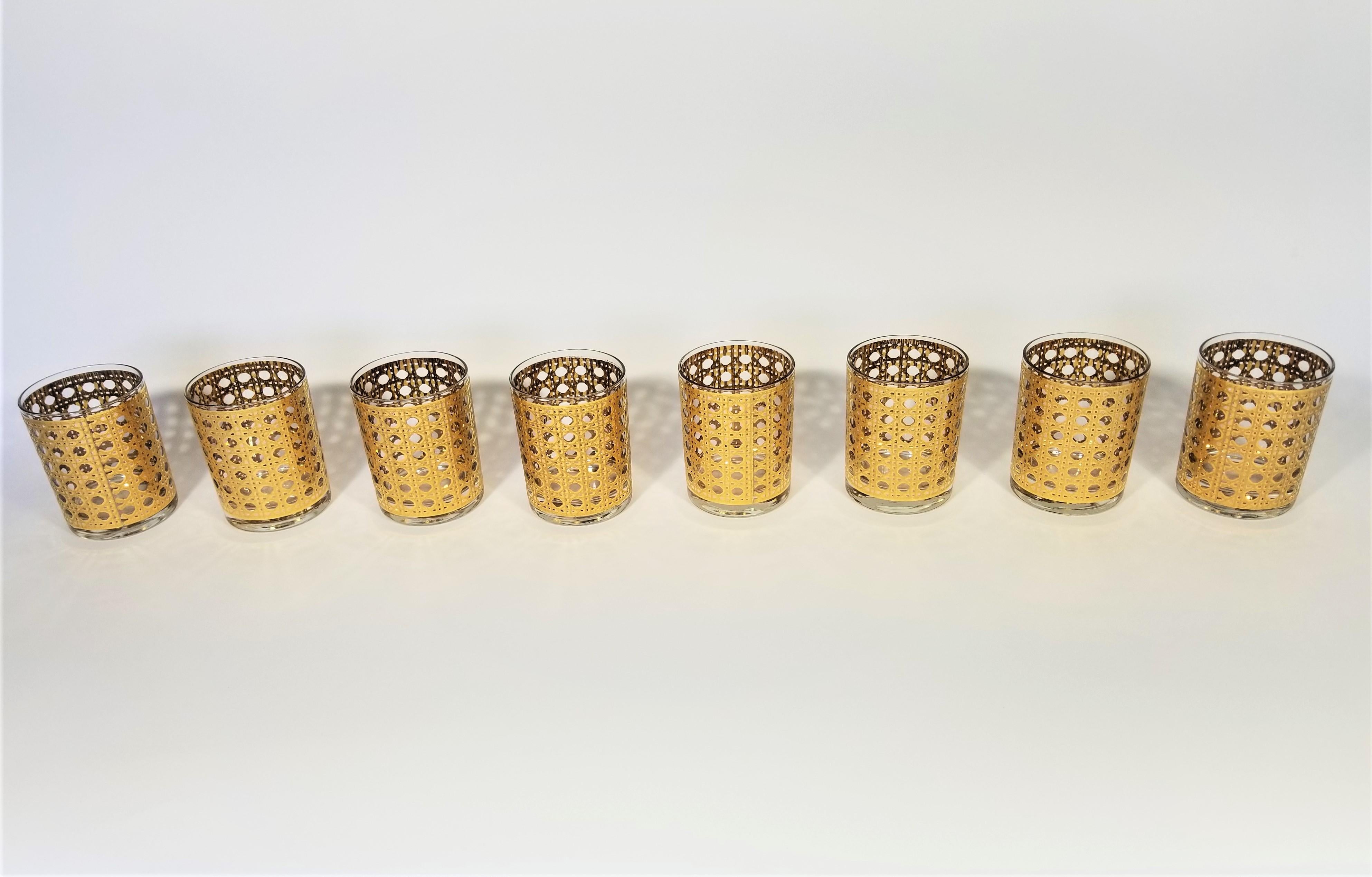 Culver 22-Karat Gold Canella Design Glassware Barware Midcentury Set of 8 10