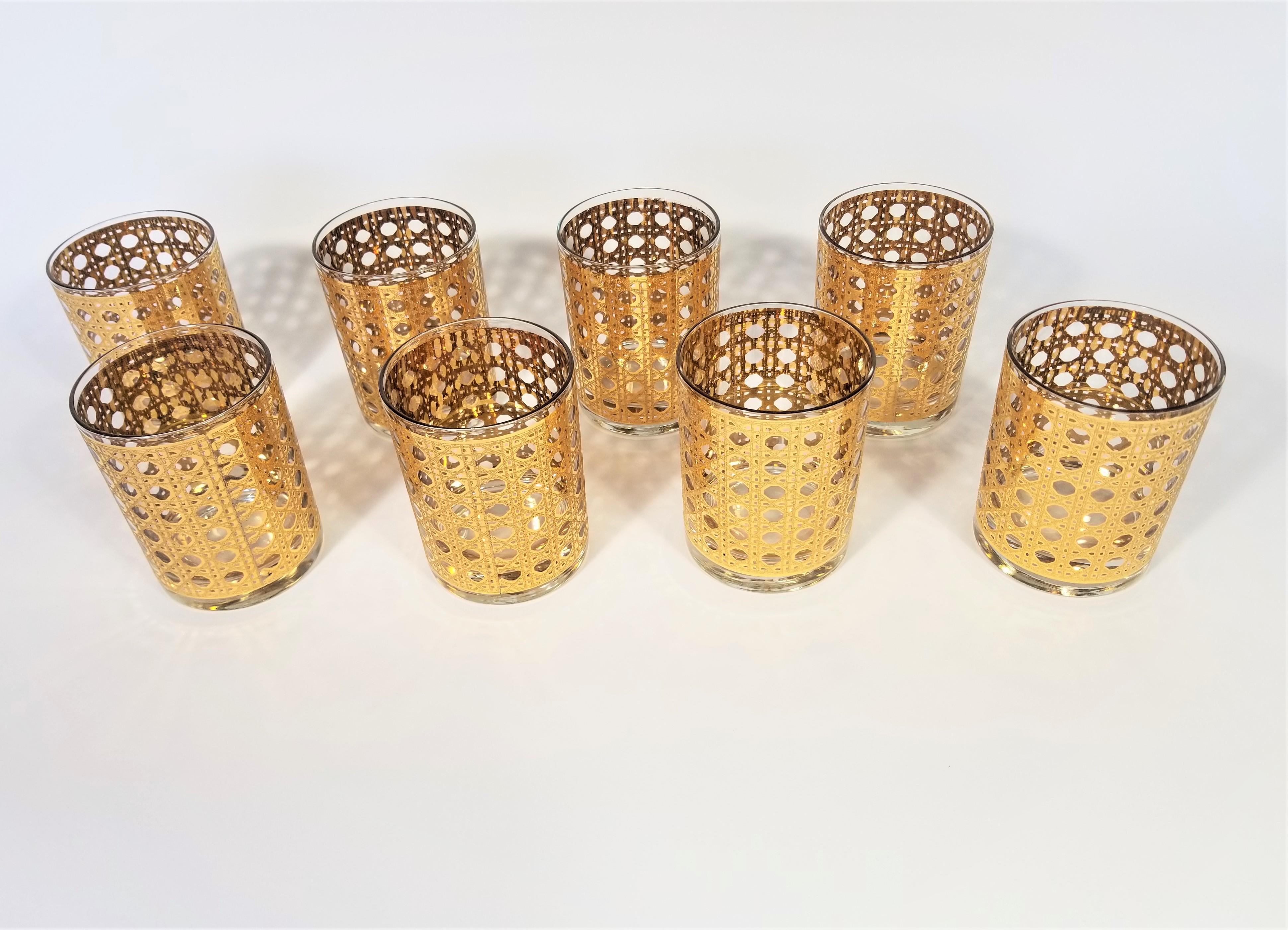 Culver 22-Karat Gold Canella Design Glassware Barware Midcentury Set of 8 11