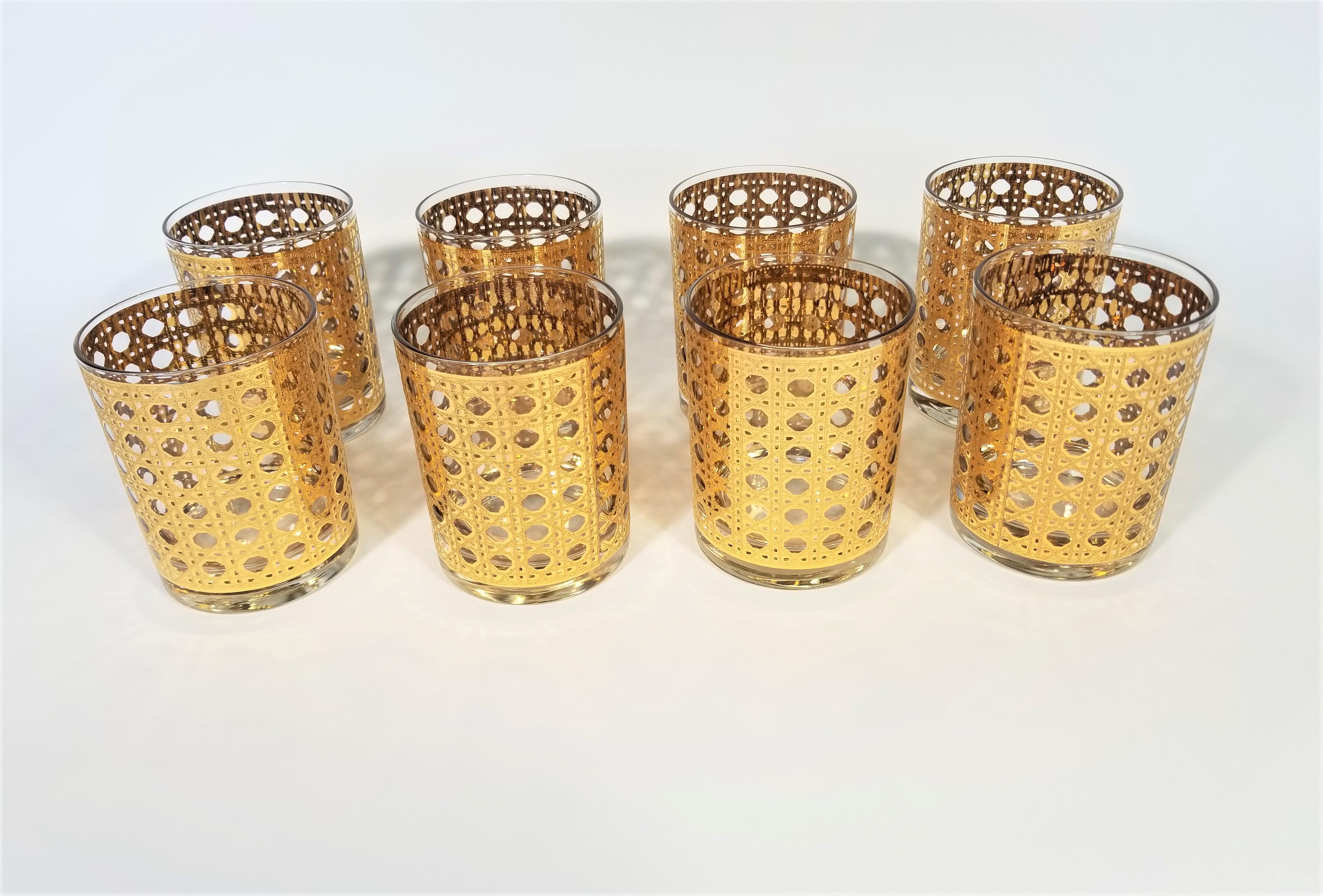 Culver 22-Karat Gold Canella Design Glassware Barware Midcentury Set of 8 12
