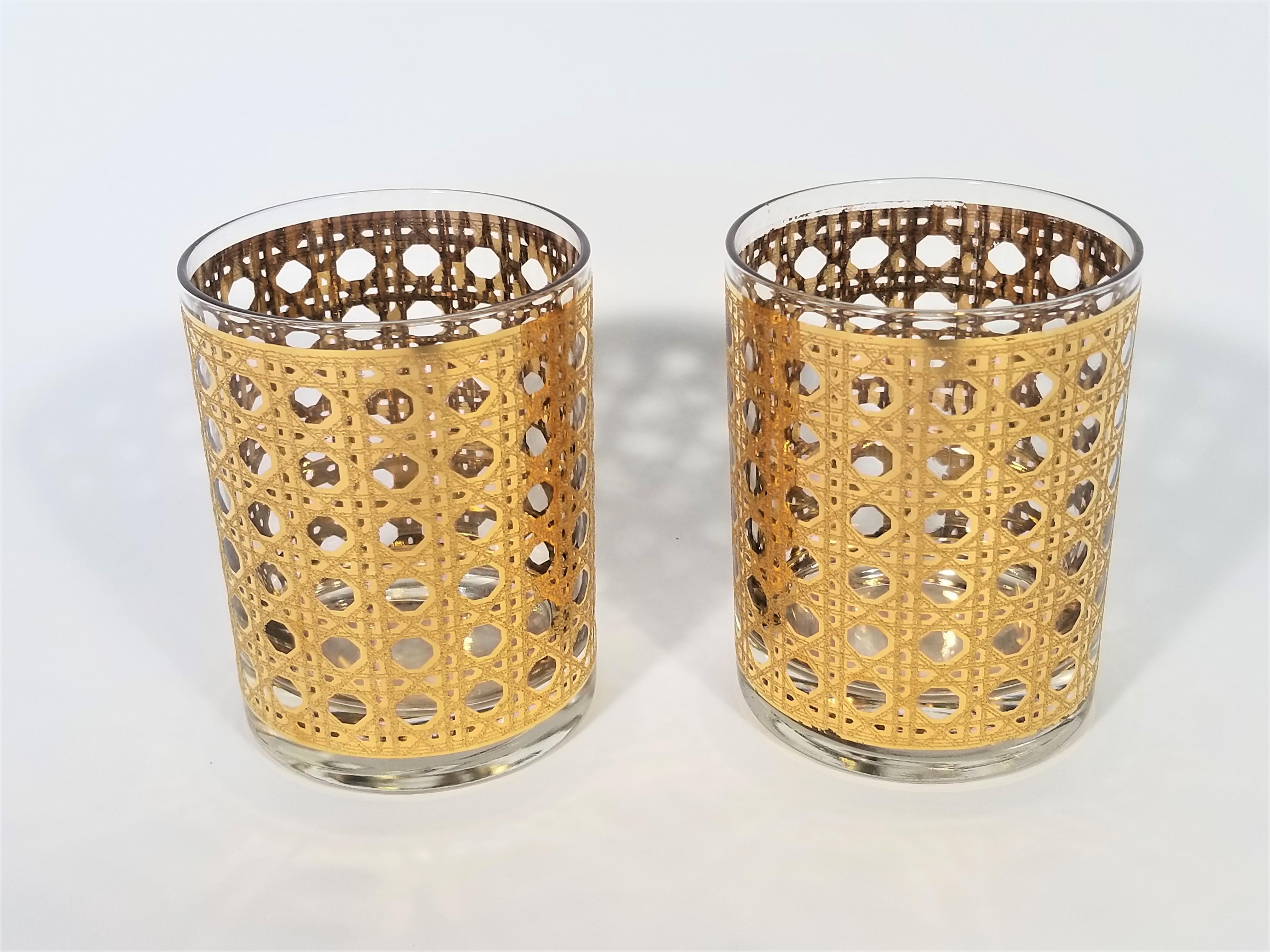Culver 22-Karat Gold Canella Design Glassware Barware Midcentury Set of 8 In Excellent Condition In New York, NY