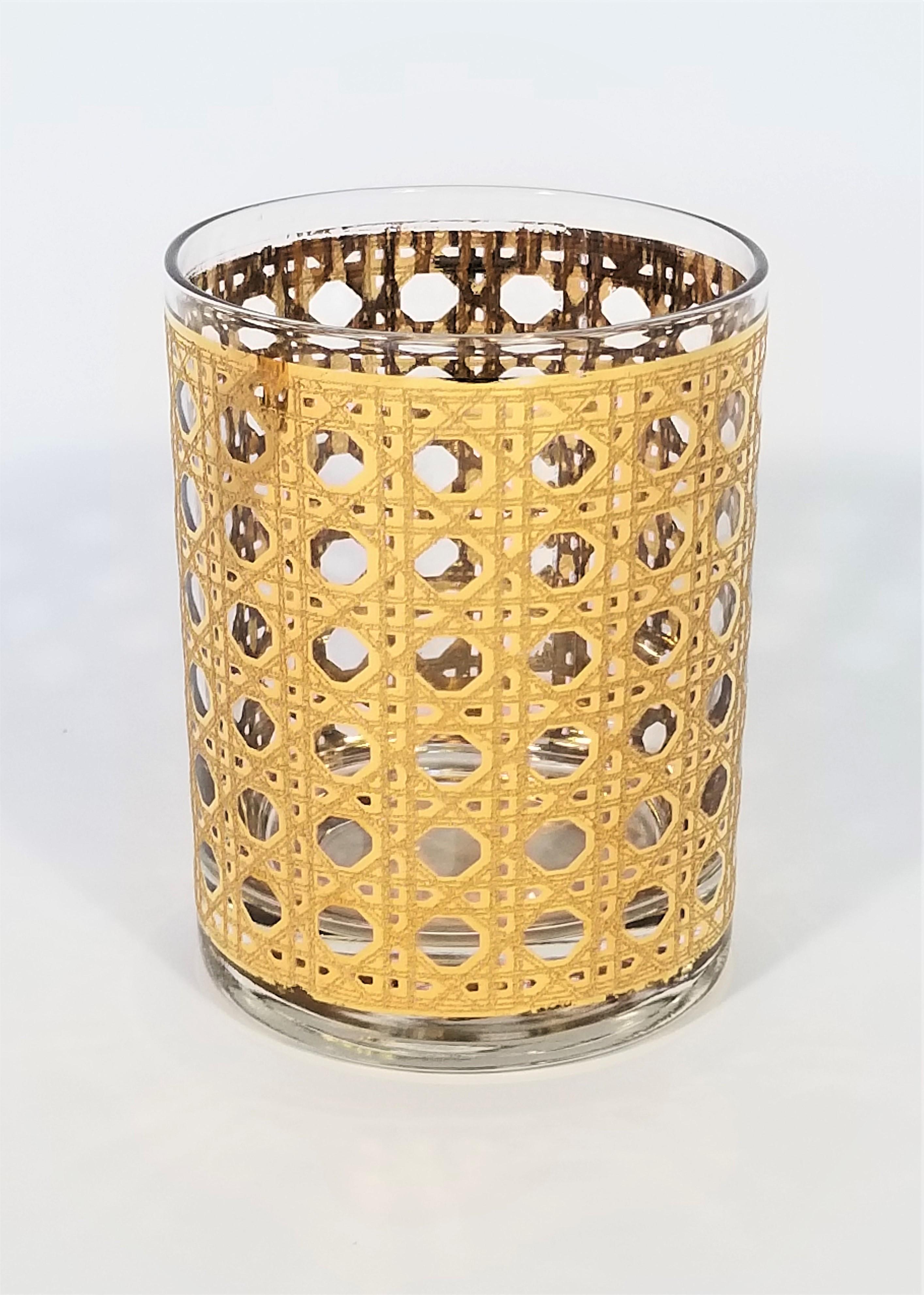 Culver 22-Karat Gold Canella Design Glassware Barware Midcentury Set of 8 1