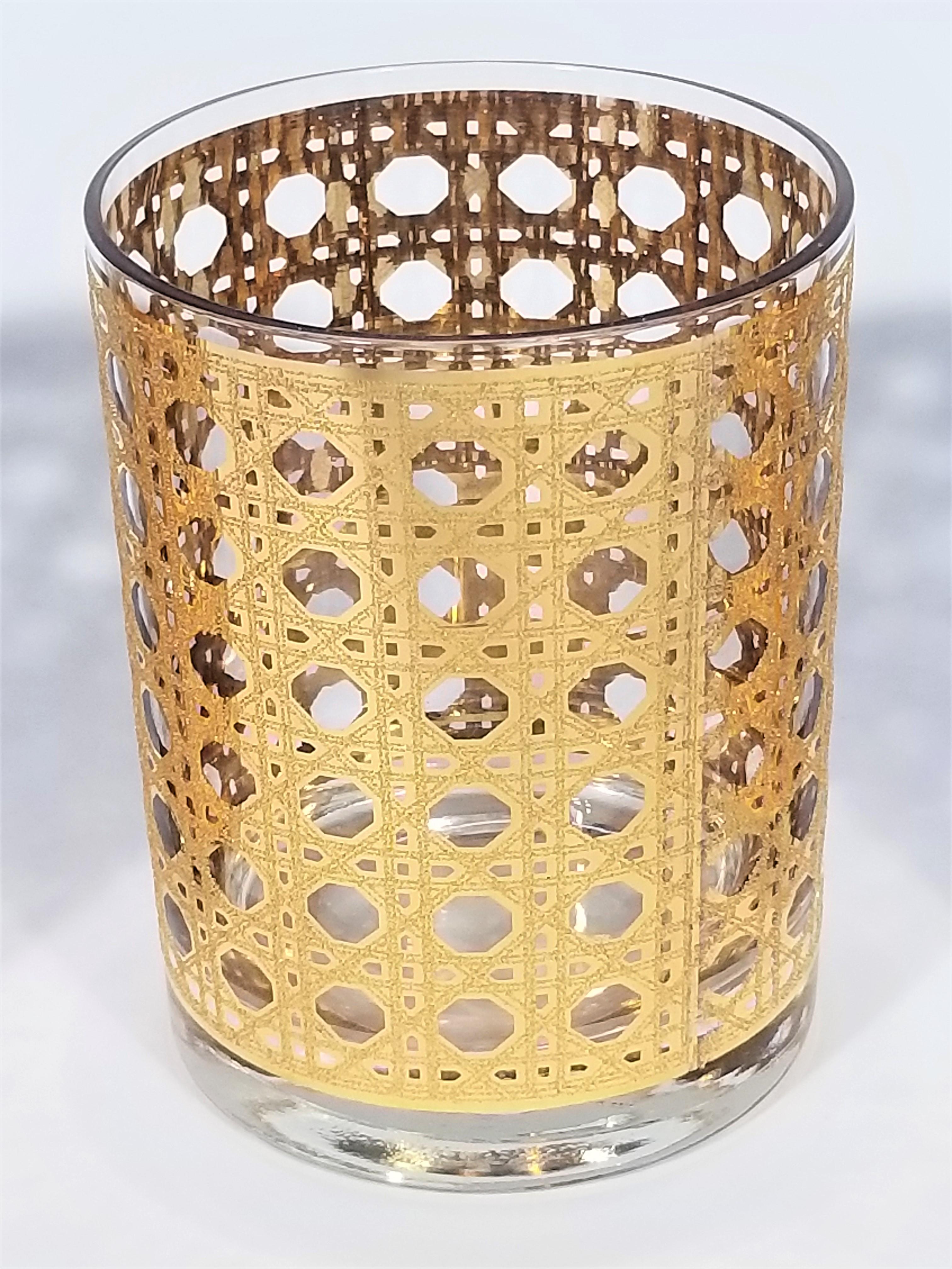 Culver 22-Karat Gold Canella Design Glassware Barware Midcentury Set of 8 3