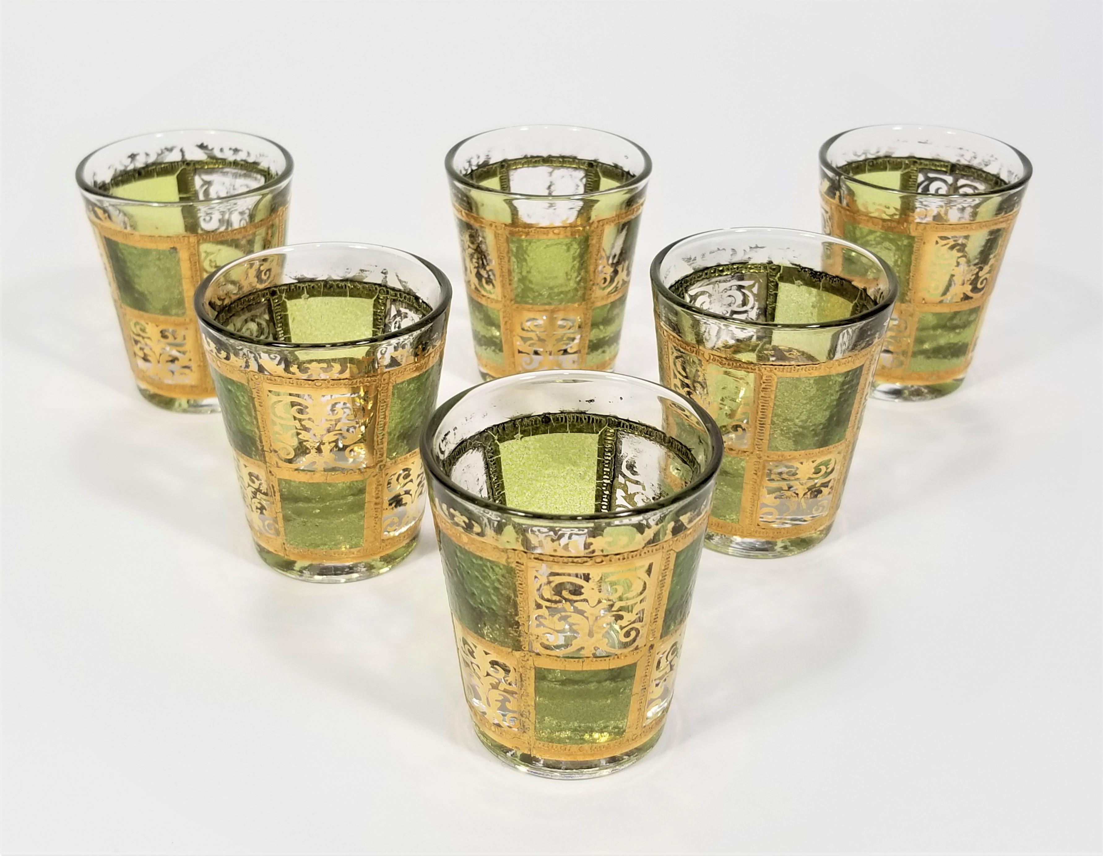 Mid century 1960s Culver 22K Glassware Barware. Set of 6 shot glasses. Gold and Green with some wear on Gold. 