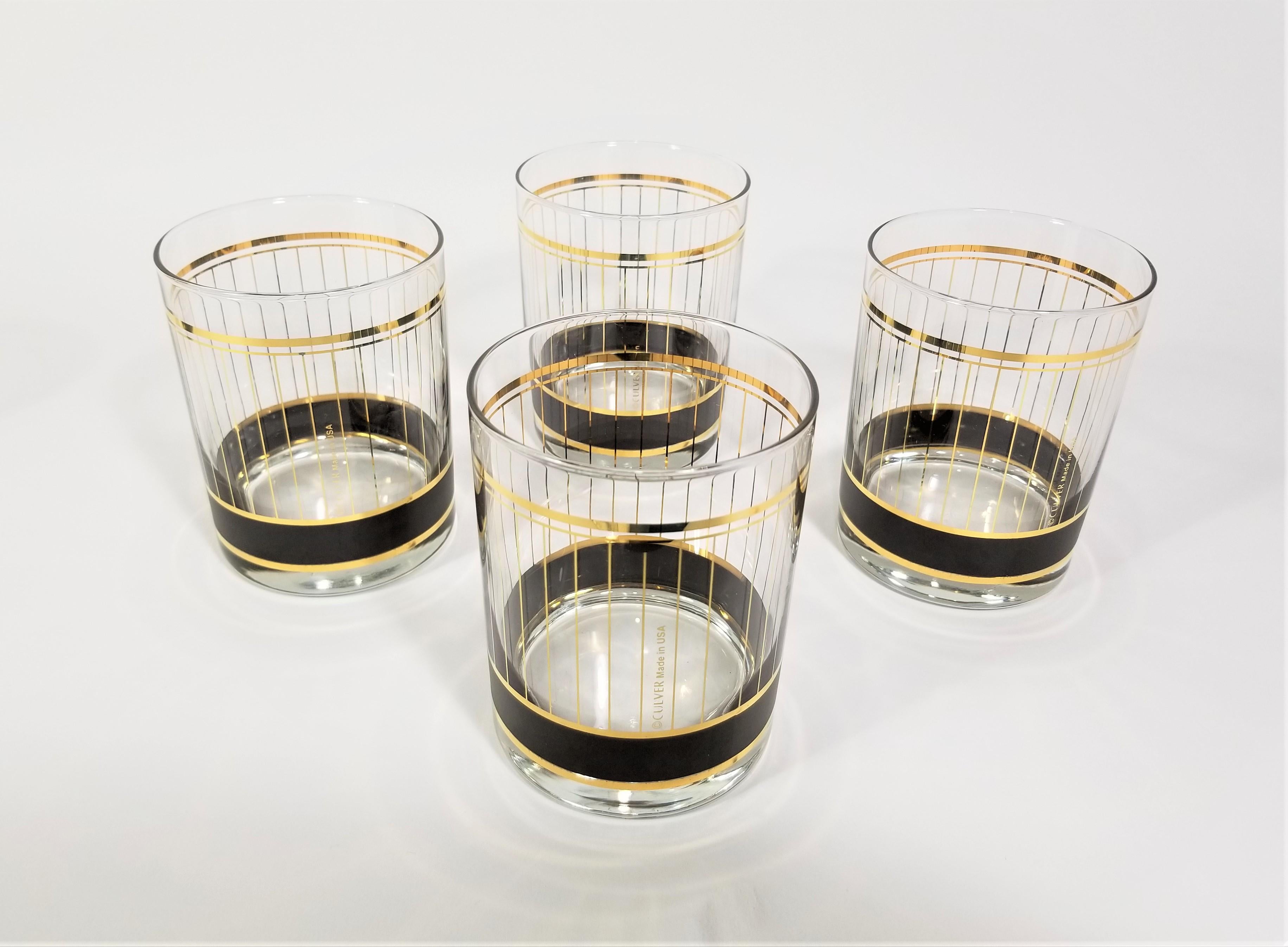 Culver 22K Gold Double Old Fashion Glassware Barware Mid Century Set of 4 In Excellent Condition In New York, NY