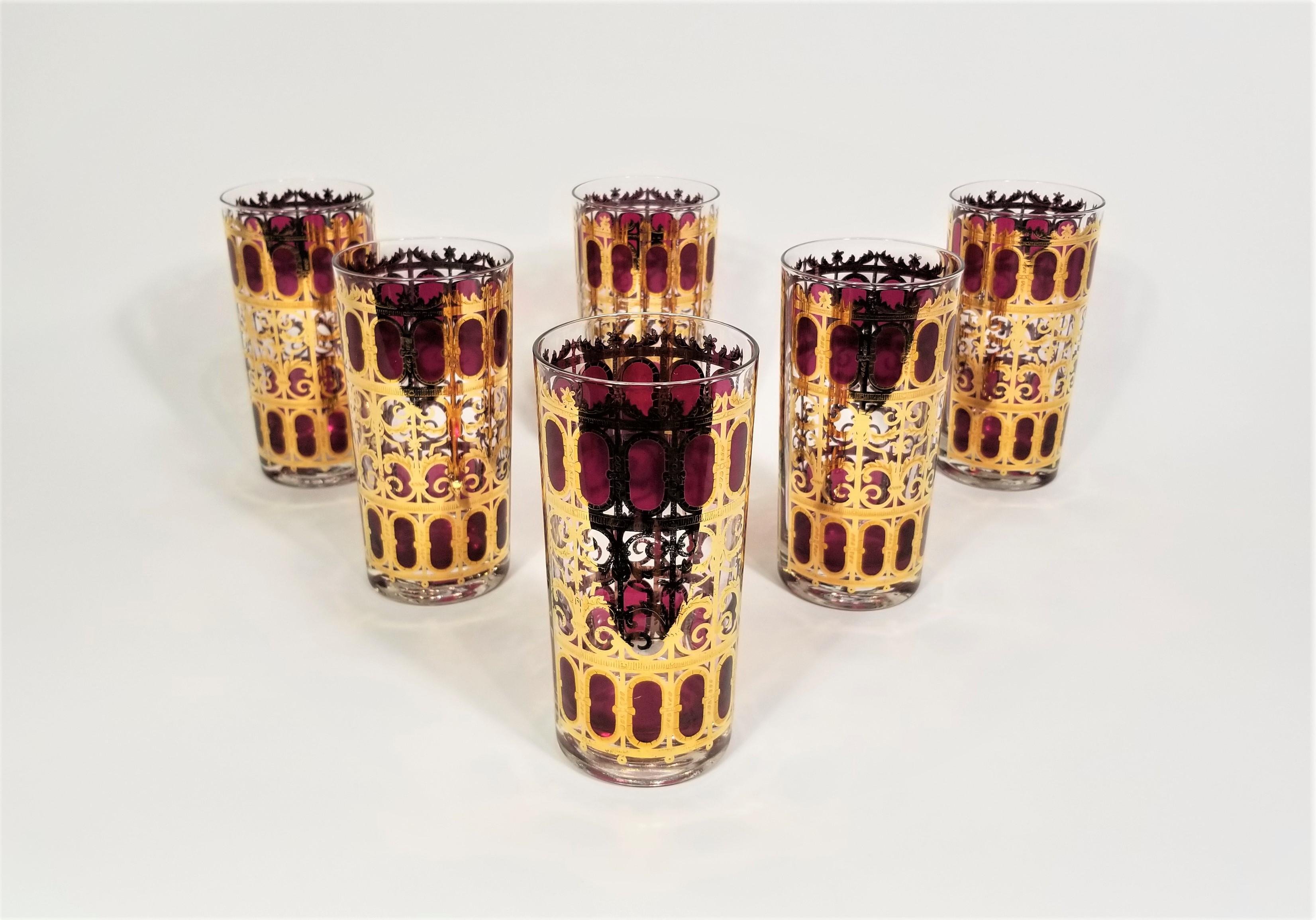 1960s Mid Centtury Culver 22K Gold with Cranberry Red design. Glassware Barware. All glasses are marked Culver. Set of 6. Excellent Condition. 
 