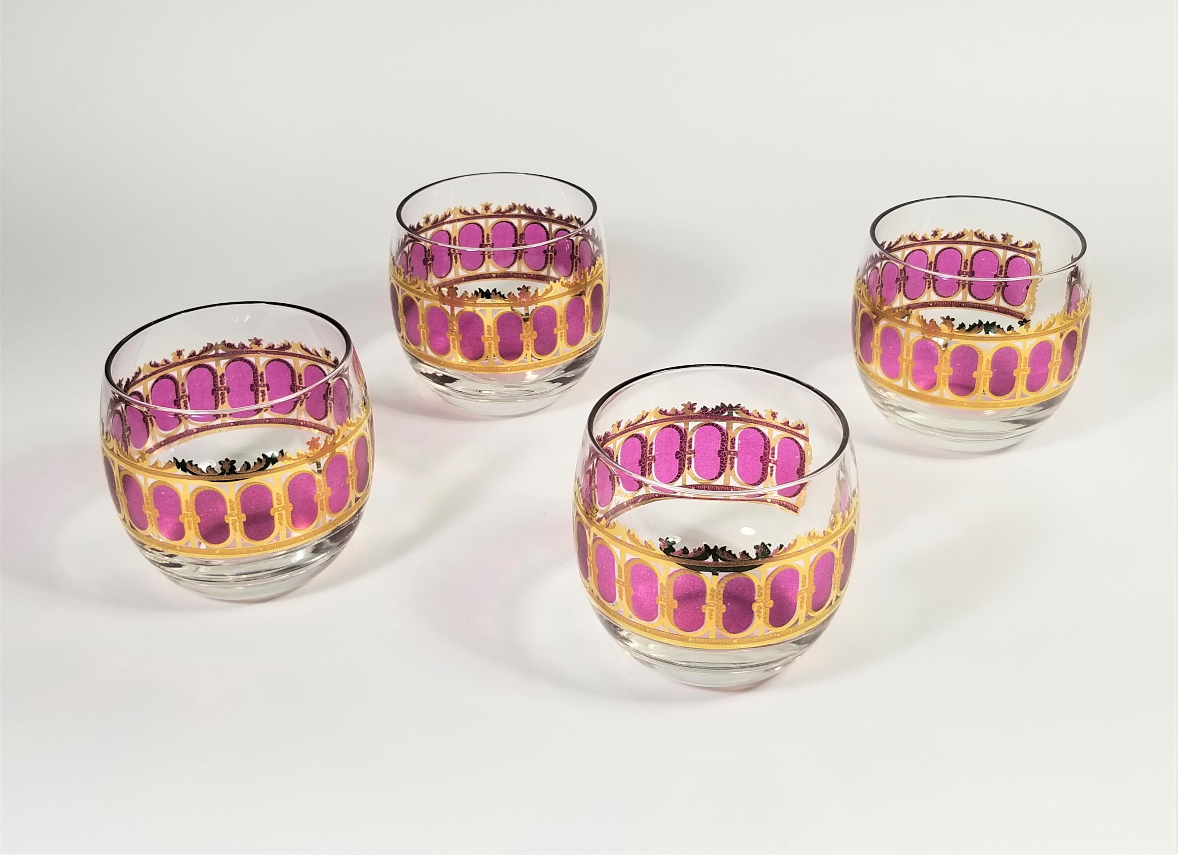 Midcentury 1960s Culver 22K Gold Glassware Barware. Large Size Roly Poly Glasses. Set of 4. All glasses are signed.