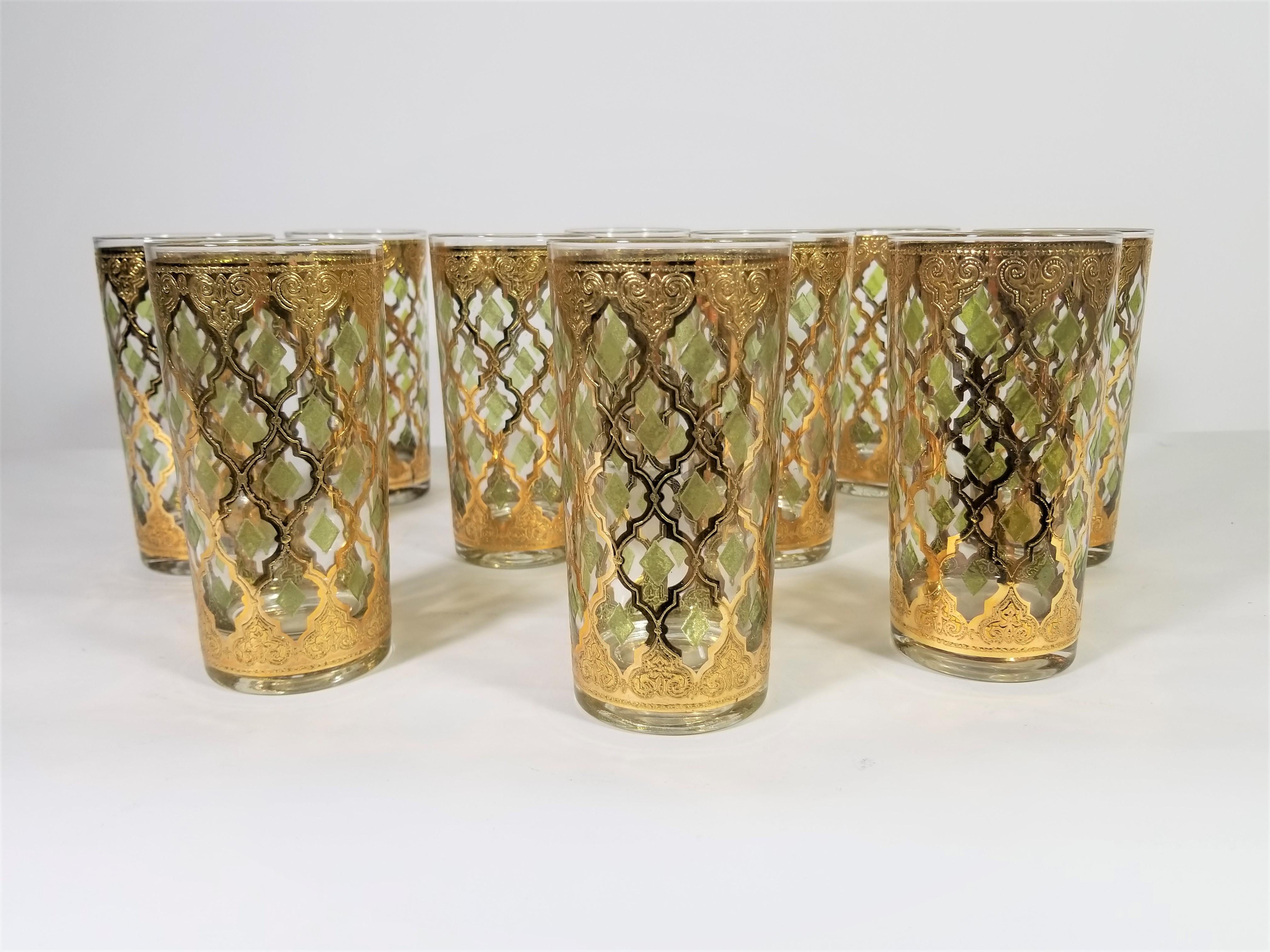 Midcentury 1960s Culver 22-karat gold highball glasses set of 10. All glasses signed.