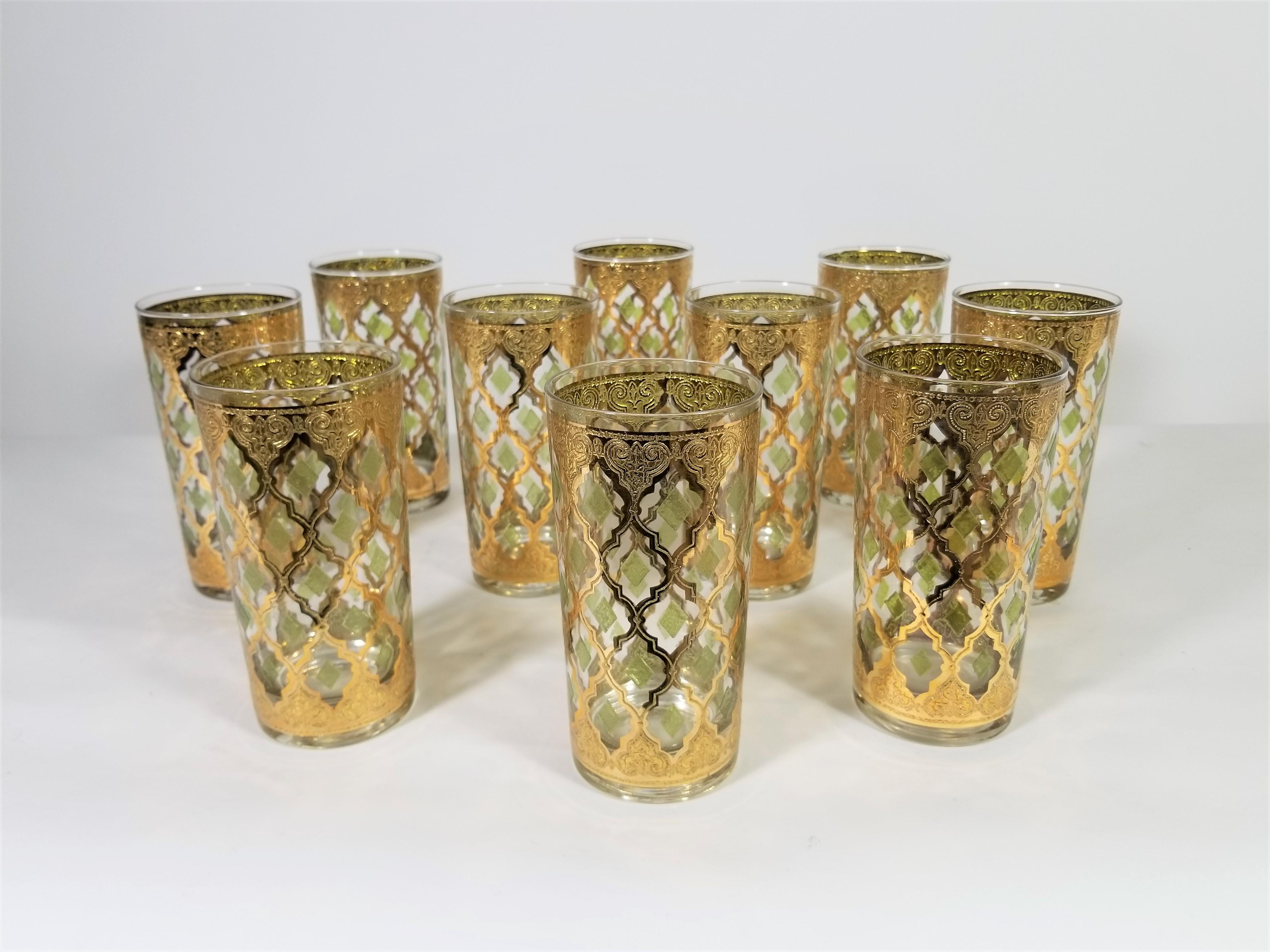 Culver 22-Karat Gold Glassware Midcentury 1960s, Set of 10 In Excellent Condition In New York, NY