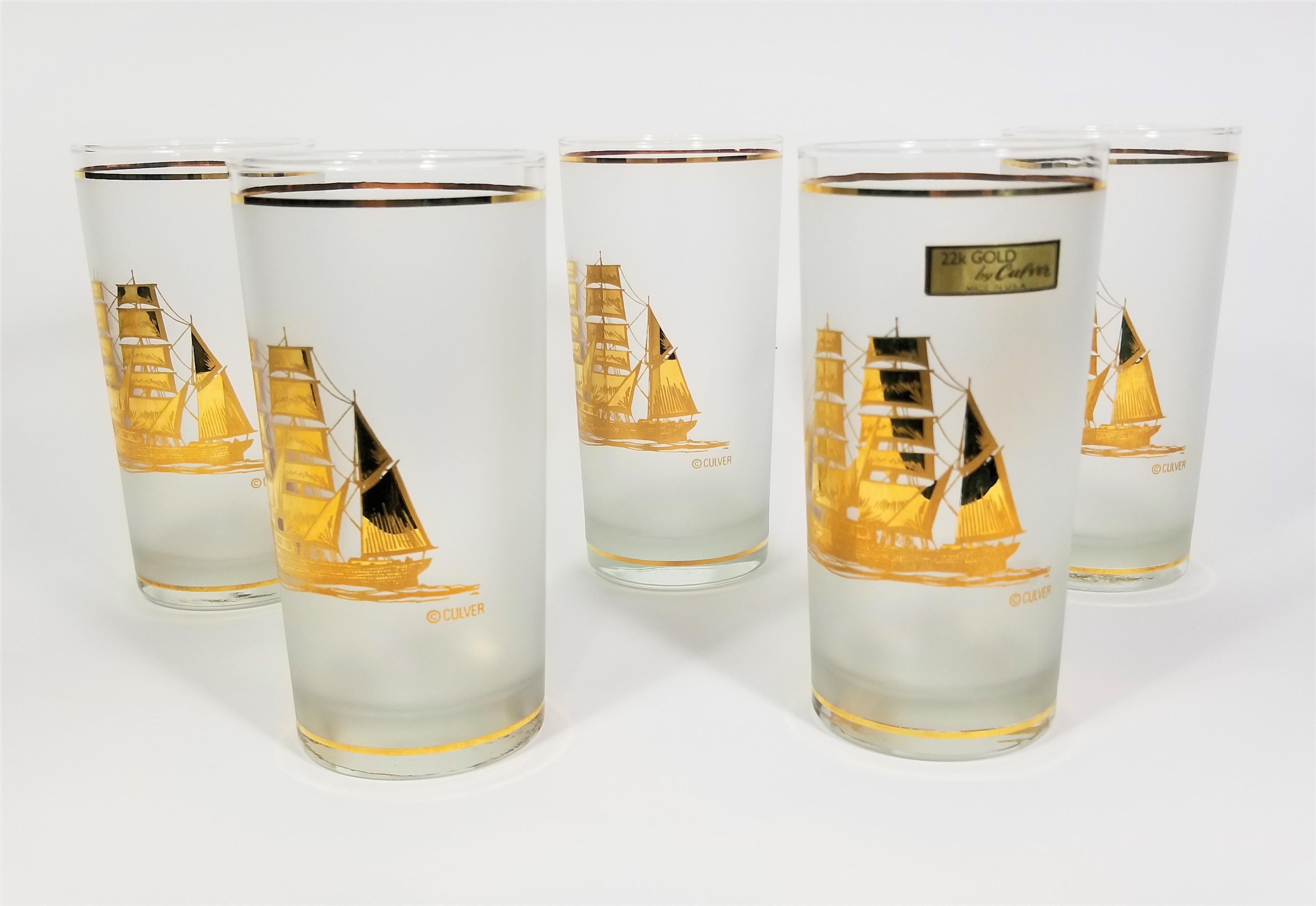 Culver 22K Glassware Barware Schooner Ship on Frosted Glass. Still retains original marking sticker. All glasses are Signed and in Excellent Condition. 