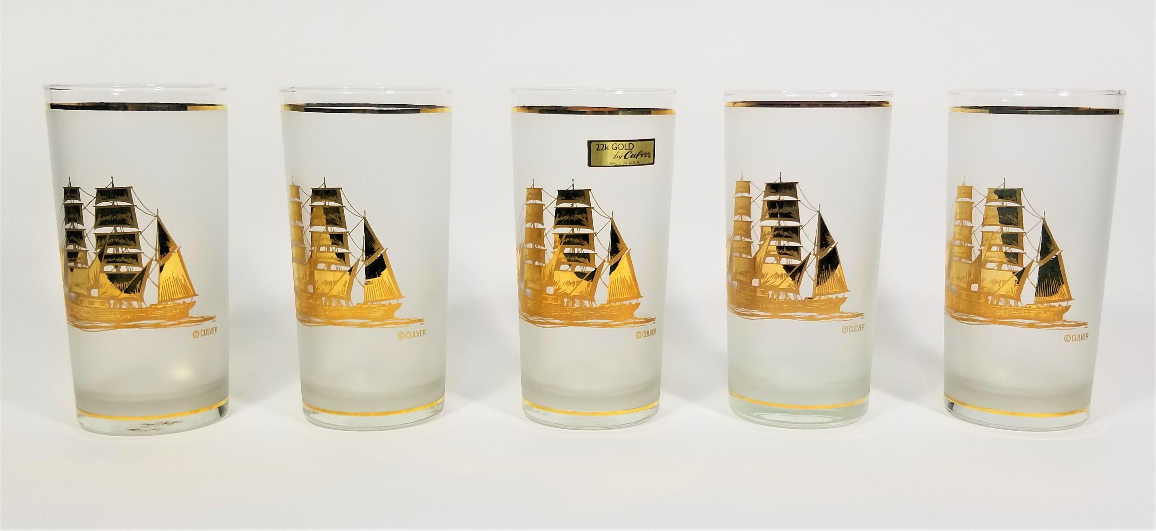Culver 22k Gold Schooner Ship Glassware Barware  In Excellent Condition For Sale In New York, NY
