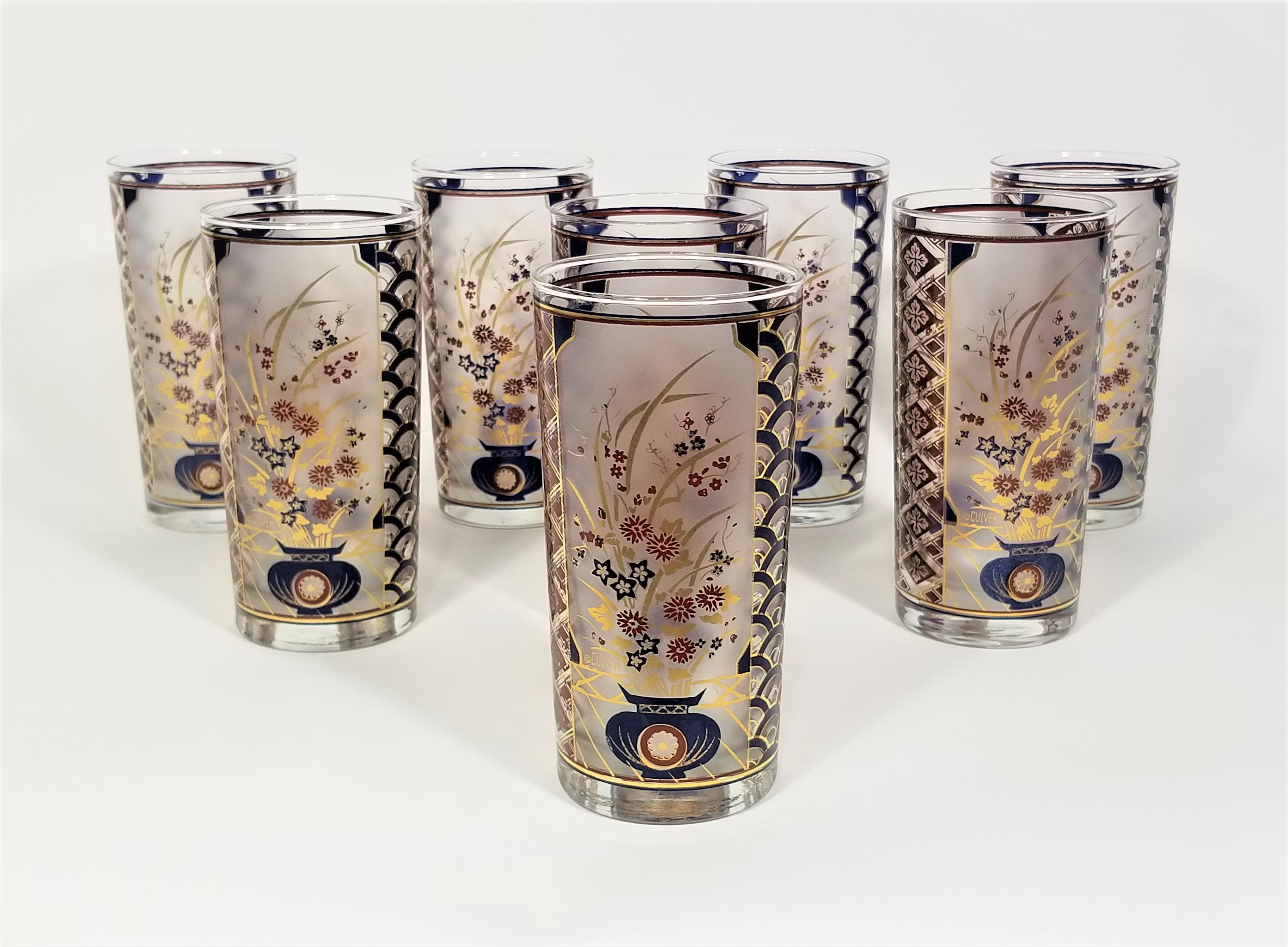 1970s Culver 22K Gold Glassware Barware. Frosted Glass. Asian Inspired Design. Set of 8. All glasses are signed and in Excellent Condition. 