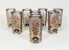 Culver 22K Gold Signed Asian Inspired Design Glassware Barware 1970s Set of 8