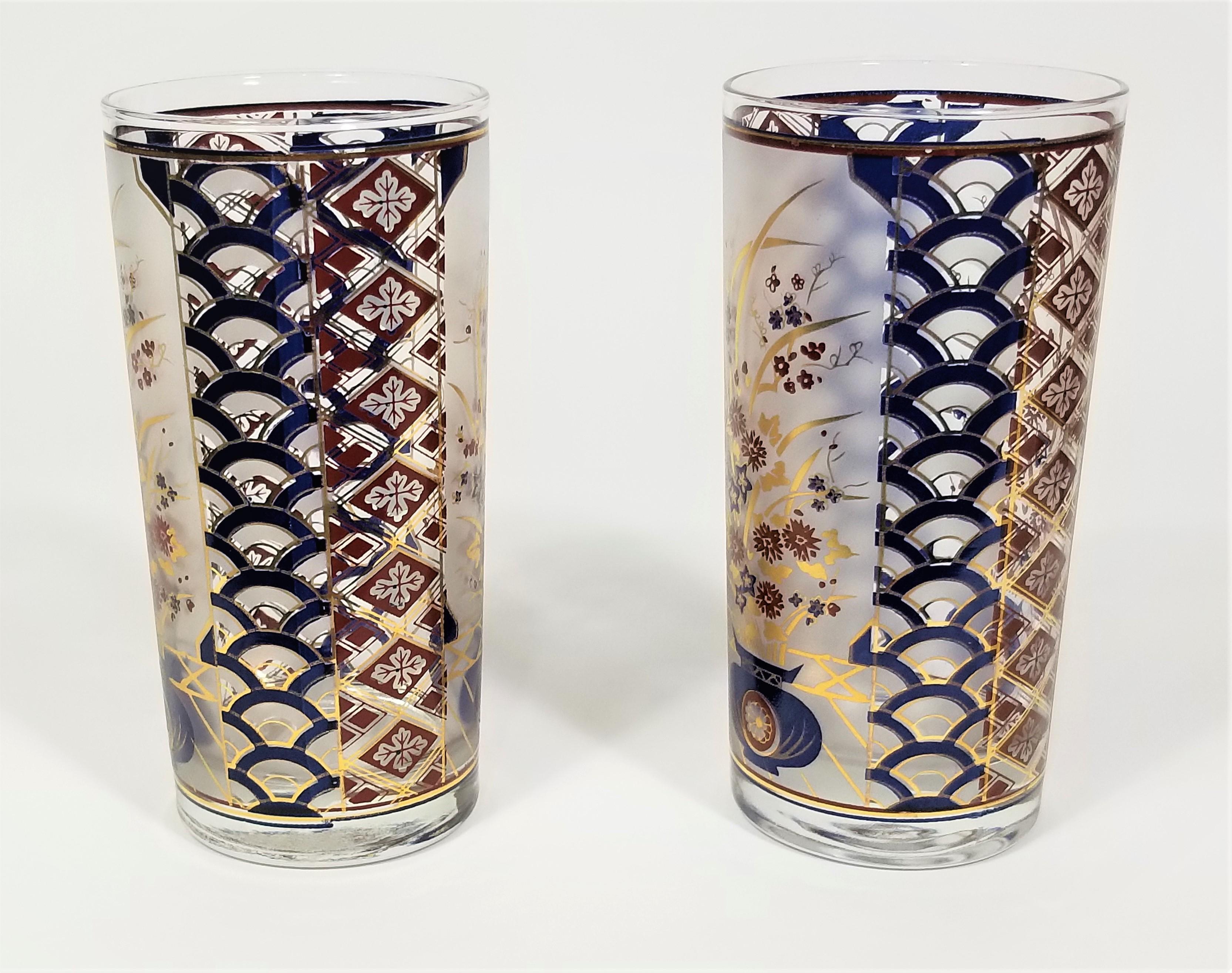 20th Century Culver 22K Gold Signed Asian Inspired Design Glassware Barware 1970s Set of 8 For Sale