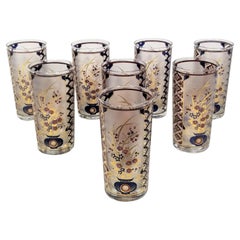 Culver 22K Gold Signed Asian Inspired Design Glassware Barware 1970s Set of 8