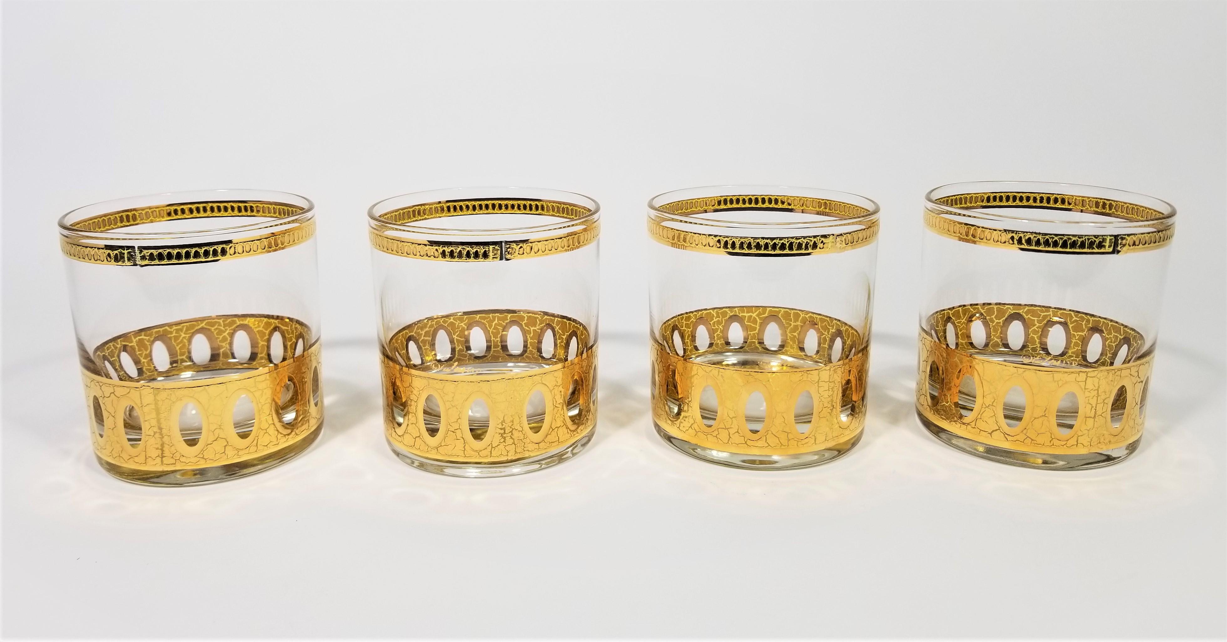 1960s Mid Century Culver 22-karat Gold Glassware Barware.  Set of 4. All glasses are signed Culver and in Excellent Condition, 