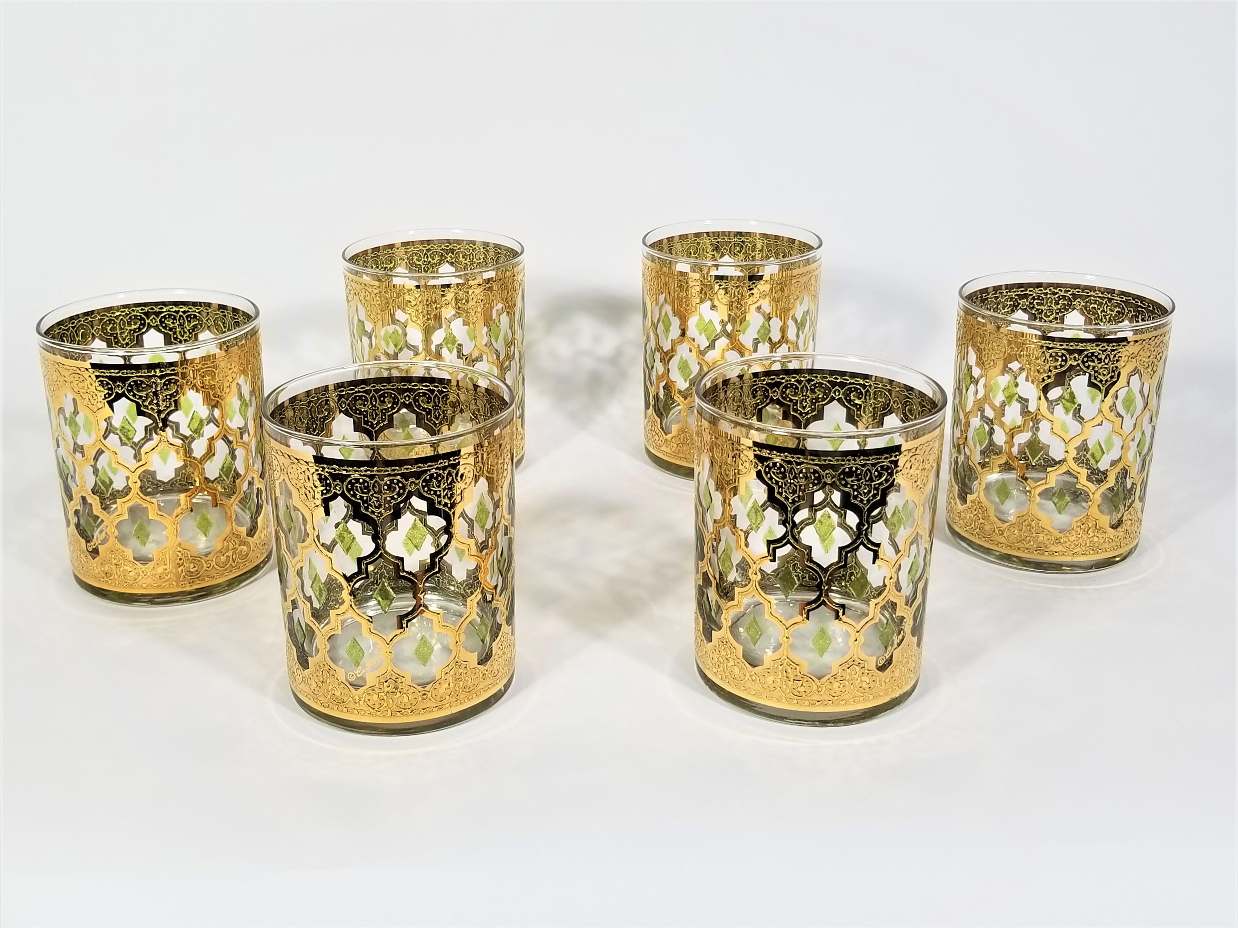 Culver 22k Gold Signed Mid Century 1960s Glassware Barware In Excellent Condition In New York, NY