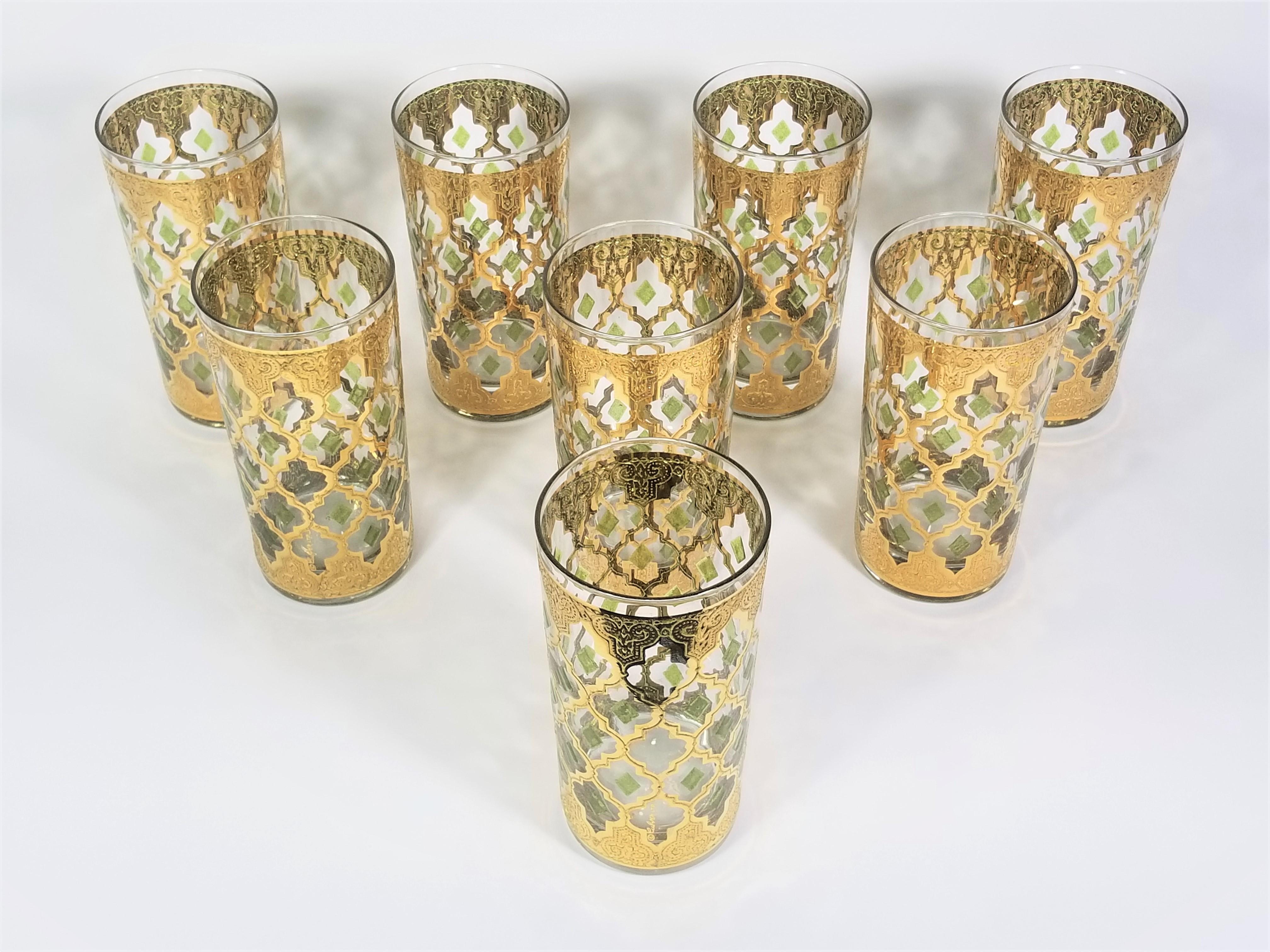 Culver 22k Gold Valencia Glassware Barware 1960s Mid Century Set of 8 or 16 In Excellent Condition For Sale In New York, NY