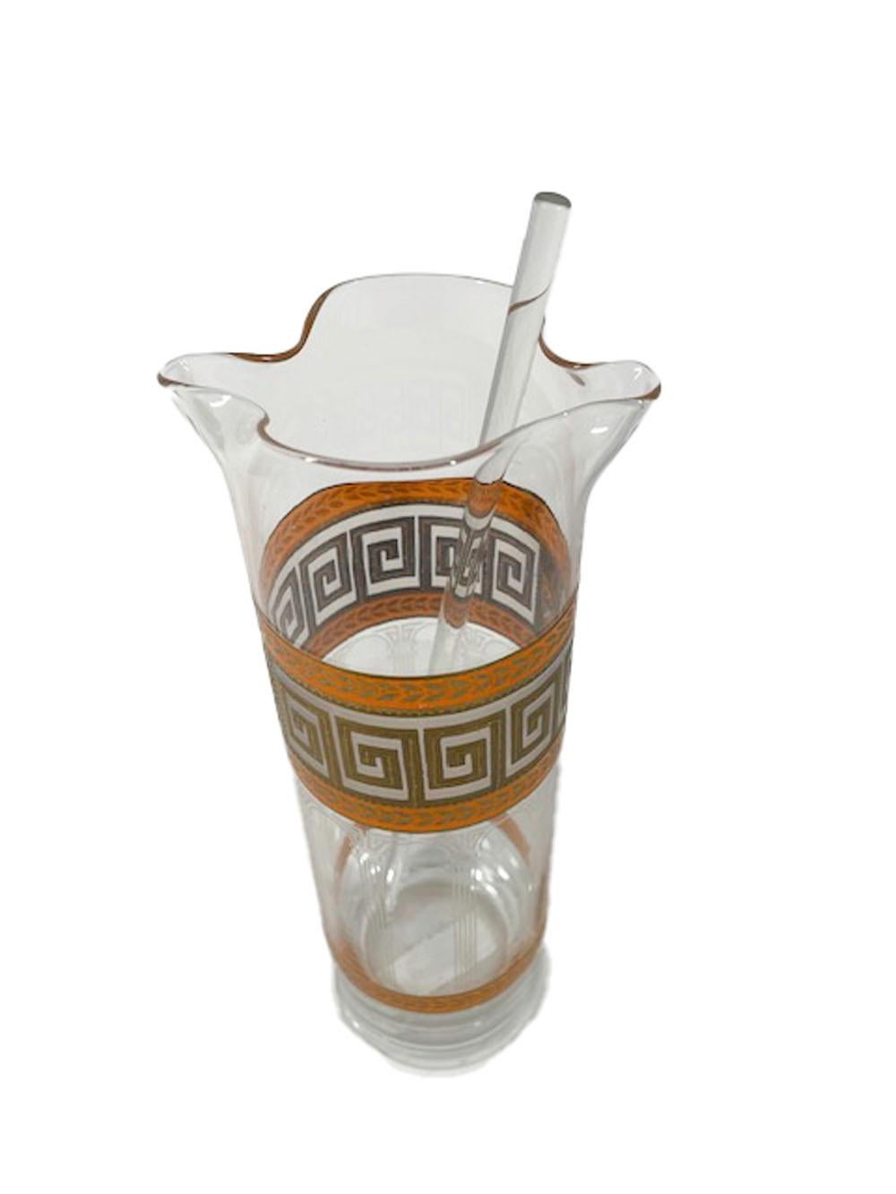 Glass Culver Cocktail Pitcher & Roly Poly Set in Orange and Gold Greek Key Pattern
