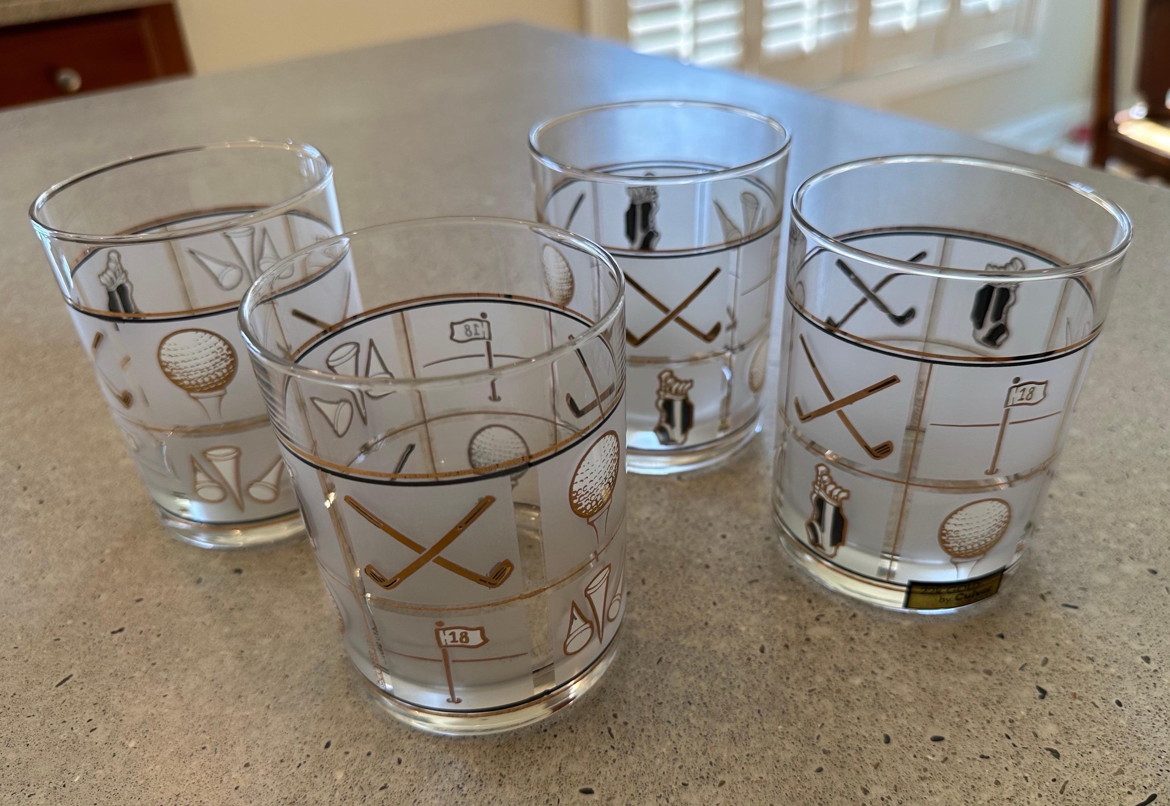 American Culver Fairway 22k Gold Decorated Glasses - 4 Rocks and 4 High Ball/Collins  For Sale