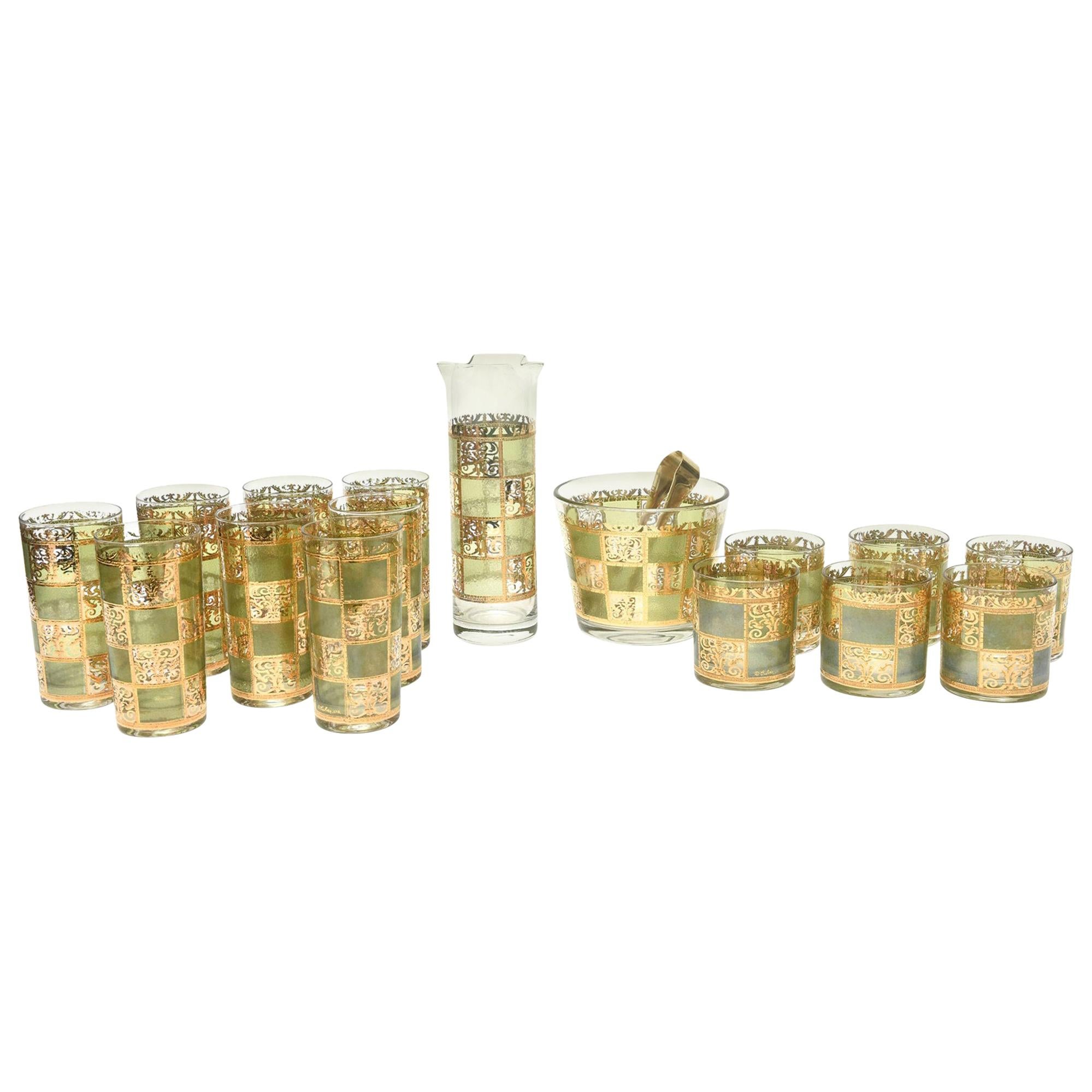 Culver Glass and Gold Painted Barware Set Mid-Century Modern