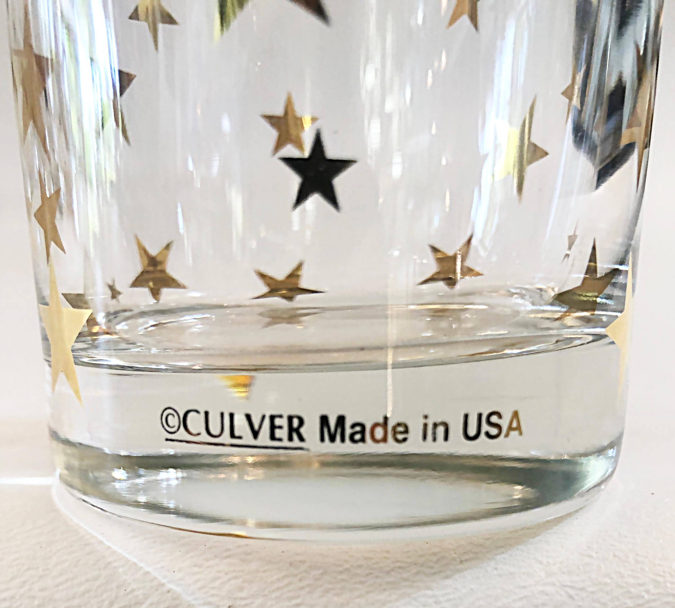 Culver Glass Co. Tumbler glasses, 22 carat gold stars set of 6

Offered for sale is set of six tall tumbler drinking glasses by Culver Glass company. The 1960s set is decorated with star patterns and marked Culver made in the USA on the sides near