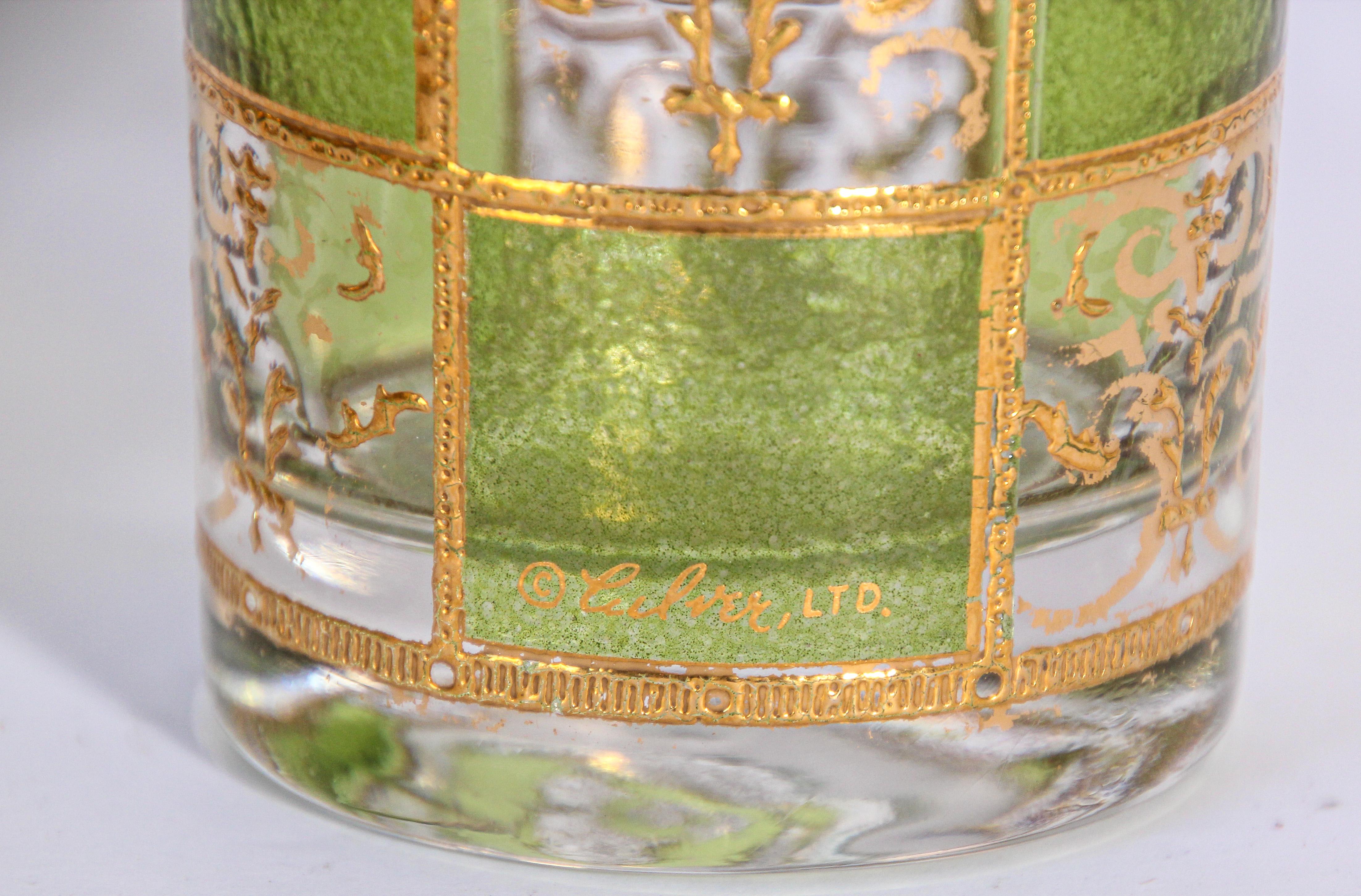 20th Century Culver Highball Green Glasses with 22-Karat Gold Prado Design