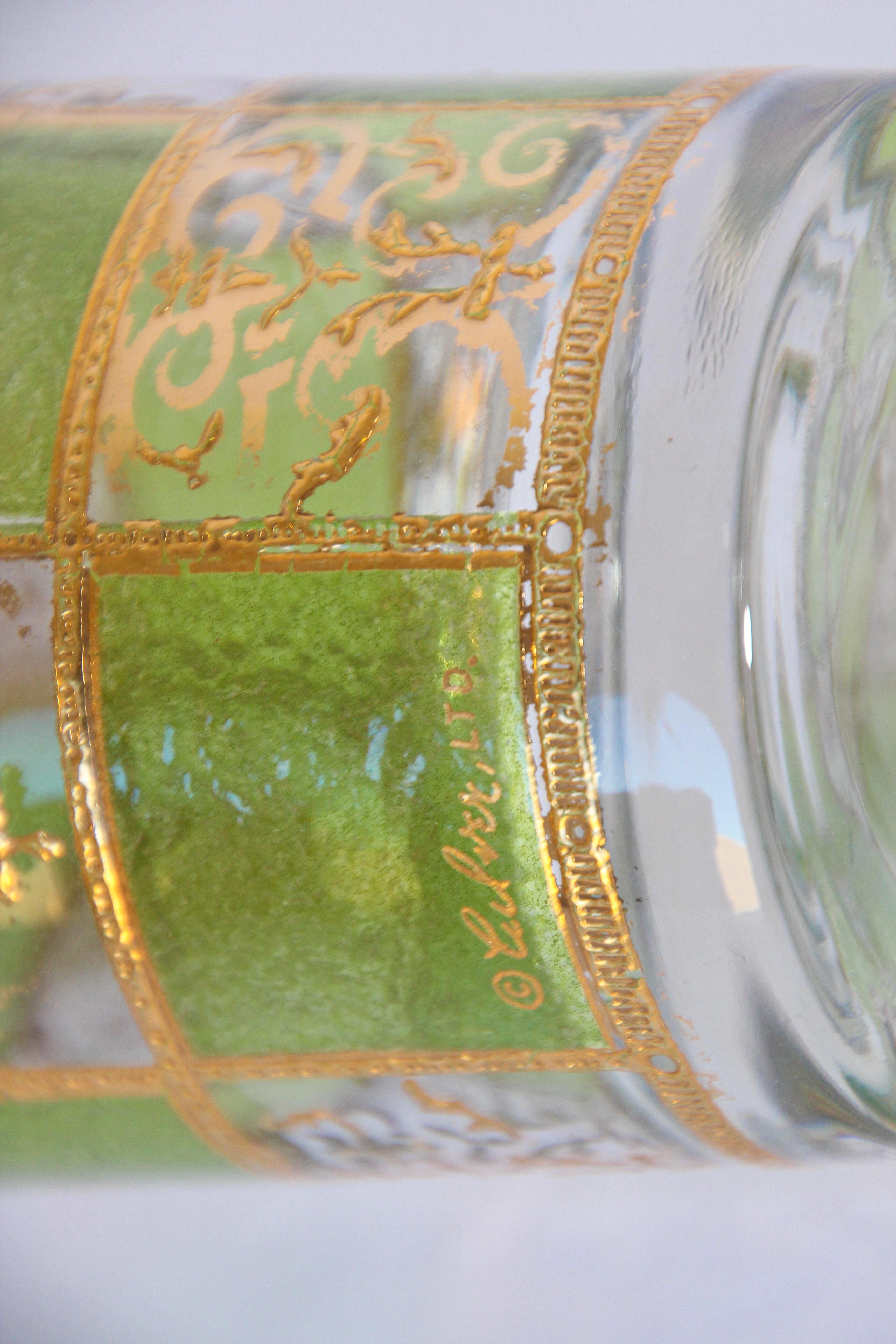 Culver Highball Green Glasses with 22-Karat Gold Prado Design 1