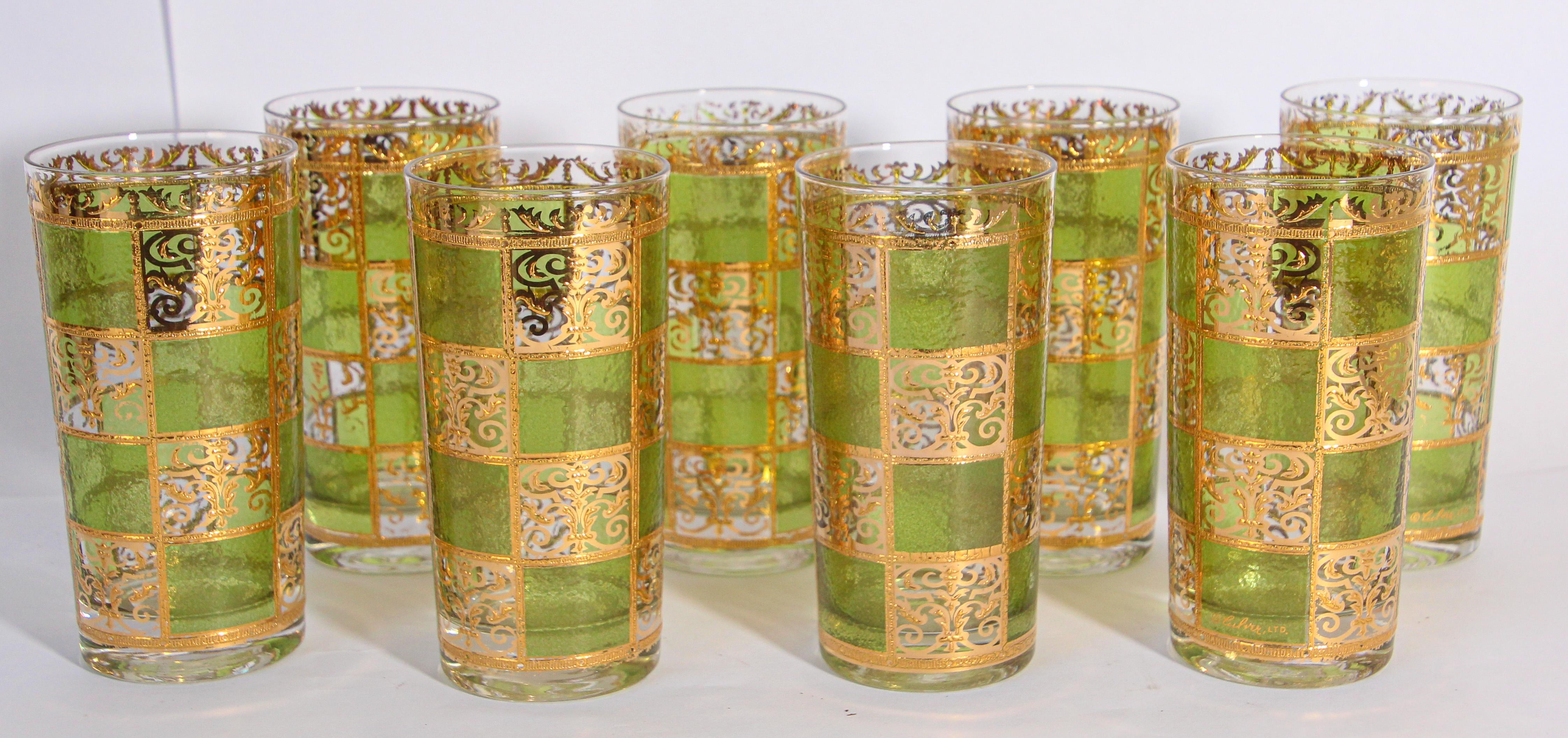 Moorish Culver Highball Green Glasses with 22-Karat Gold Prado Design