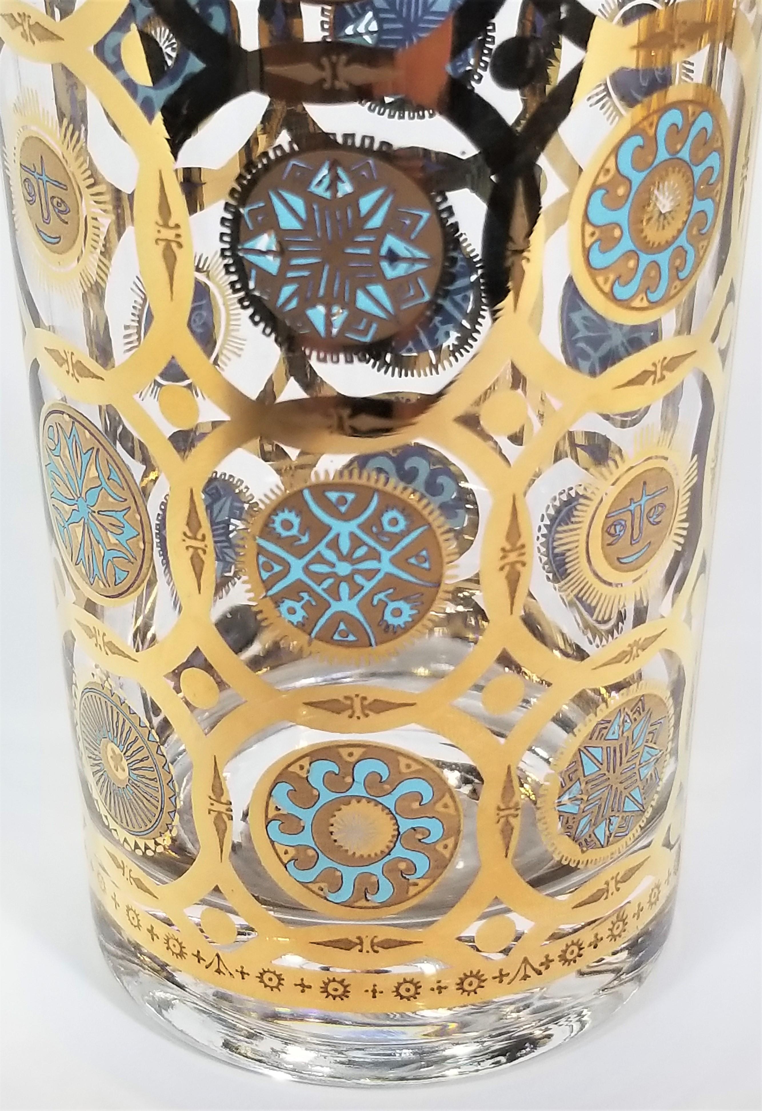 Culver Ltd 22K Gold and Turquoise Signed 1960s Glassware Barware Set of 8  For Sale 5