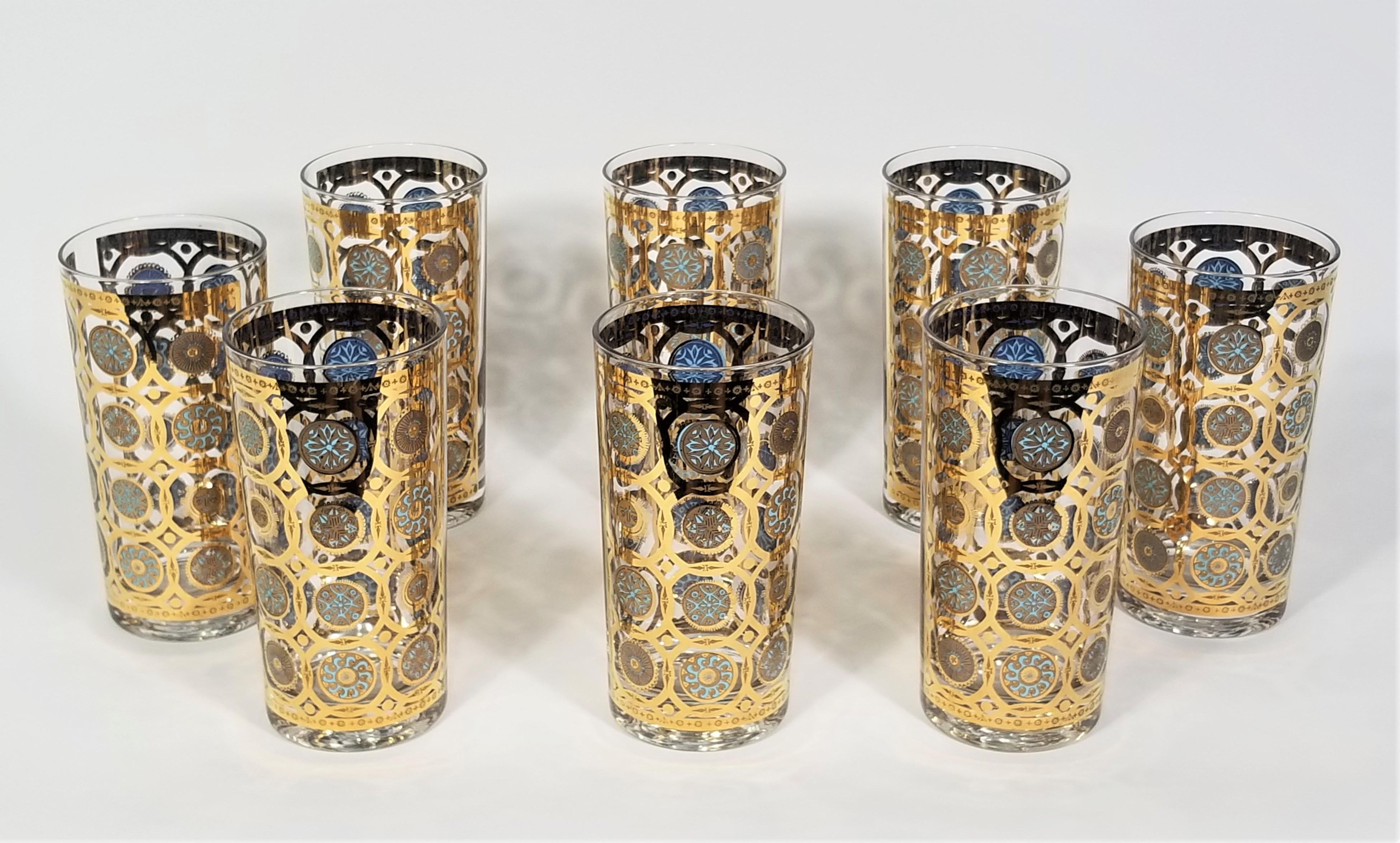 Culver Ltd 22K Gold and Turquoise Signed 1960s Glassware Barware Set of 8  For Sale 7