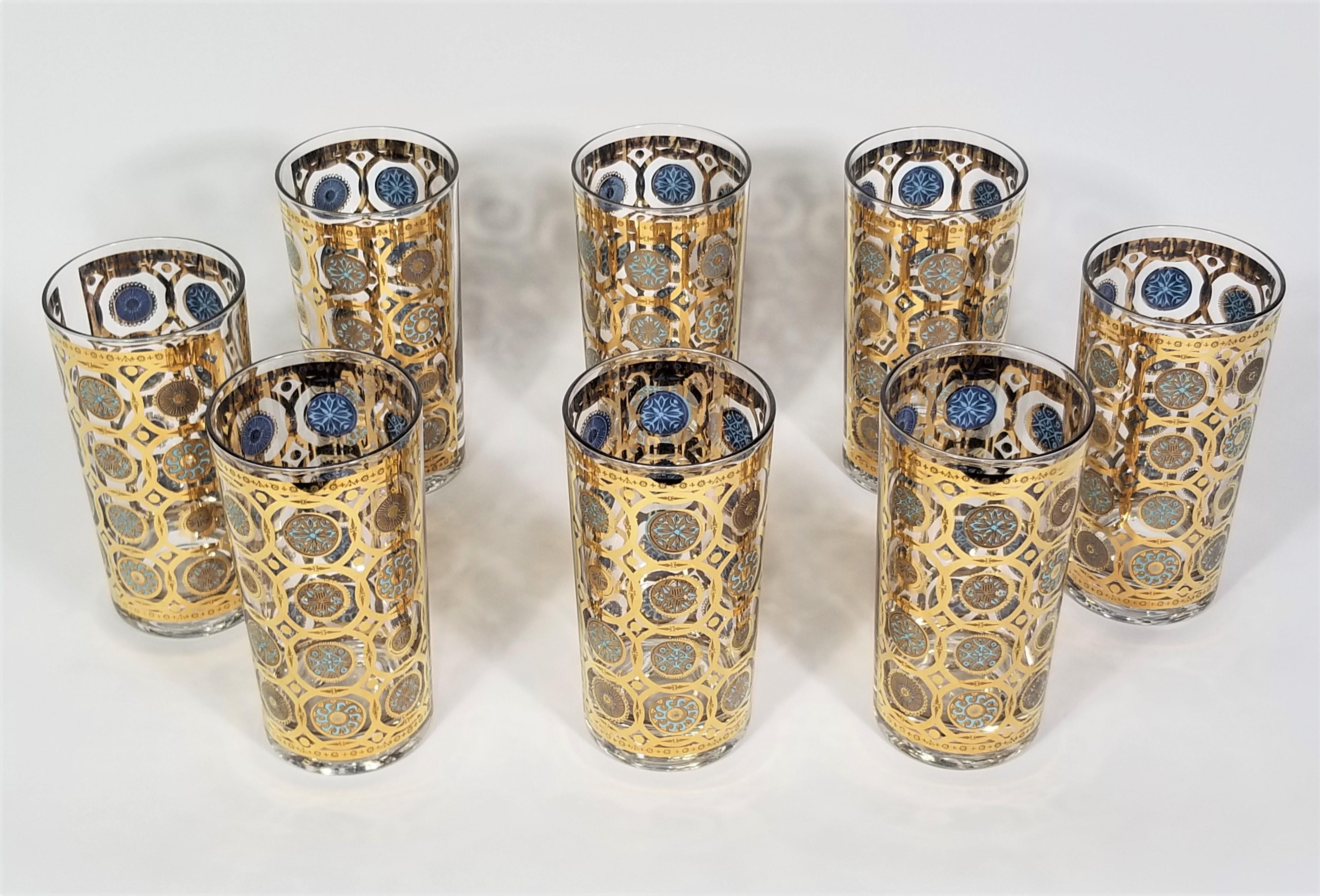Culver Ltd 22K Gold and Turquoise Signed 1960s Glassware Barware Set of 8  For Sale 8