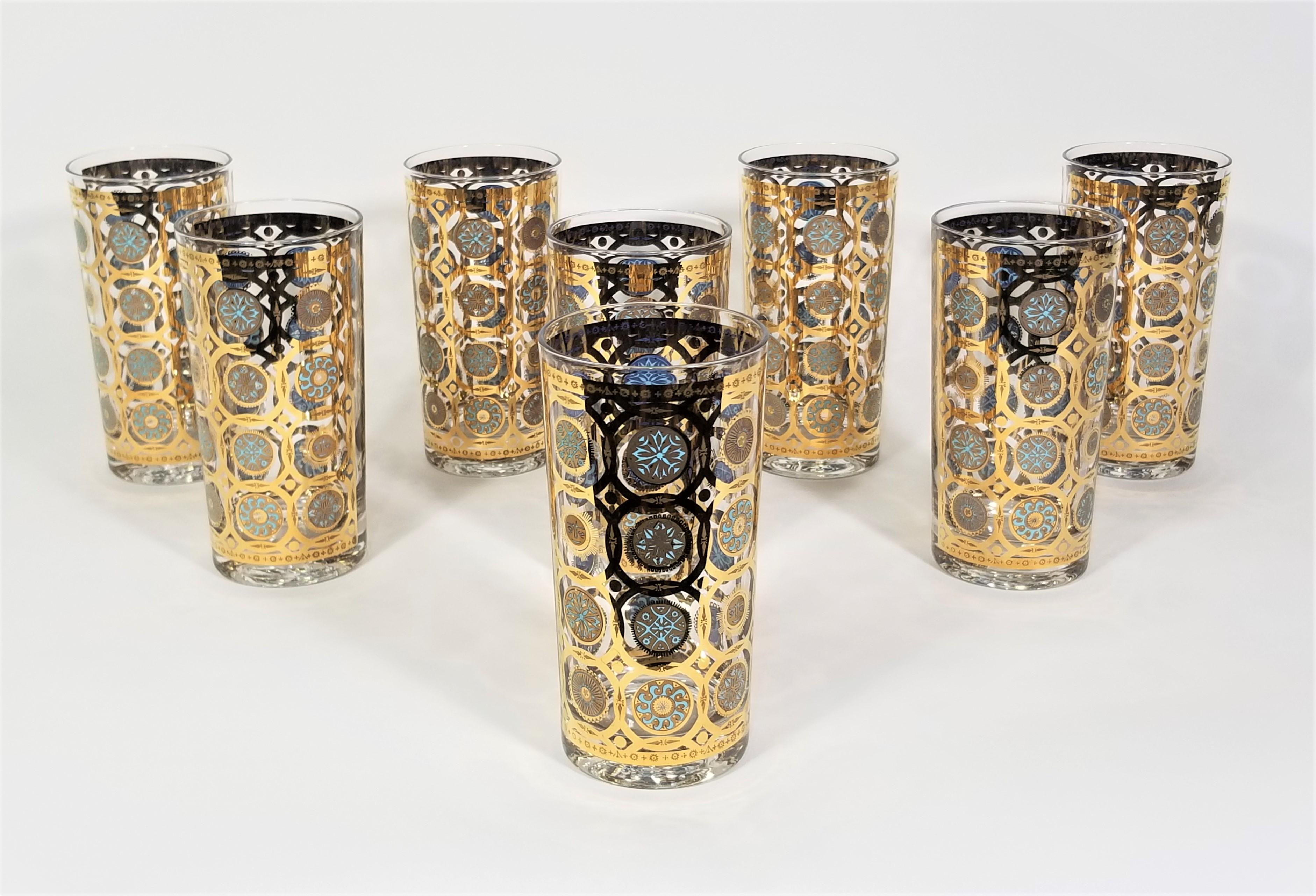 1960s Mid Century Culver Ltd  Glassware Barware. 22K Gold And Turquoise / Blue Design. Rare Design. Set of 8. All glasses are signed and in Excellent Condition. 