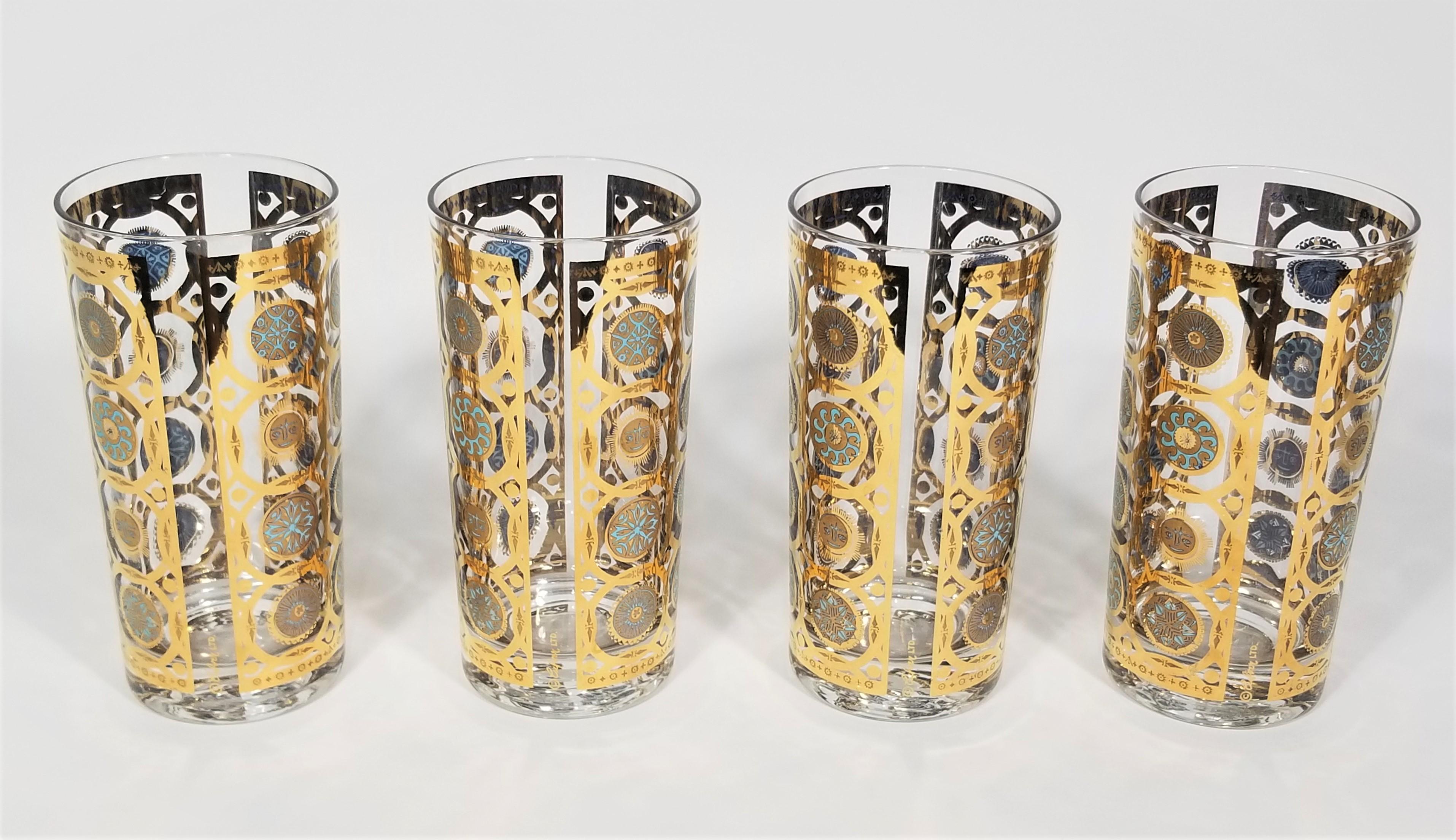 Ensemble de 8 verres de bar en or 22 carats et turquoise signés Culver Ltd, années 1960  Excellent état - En vente à New York, NY
