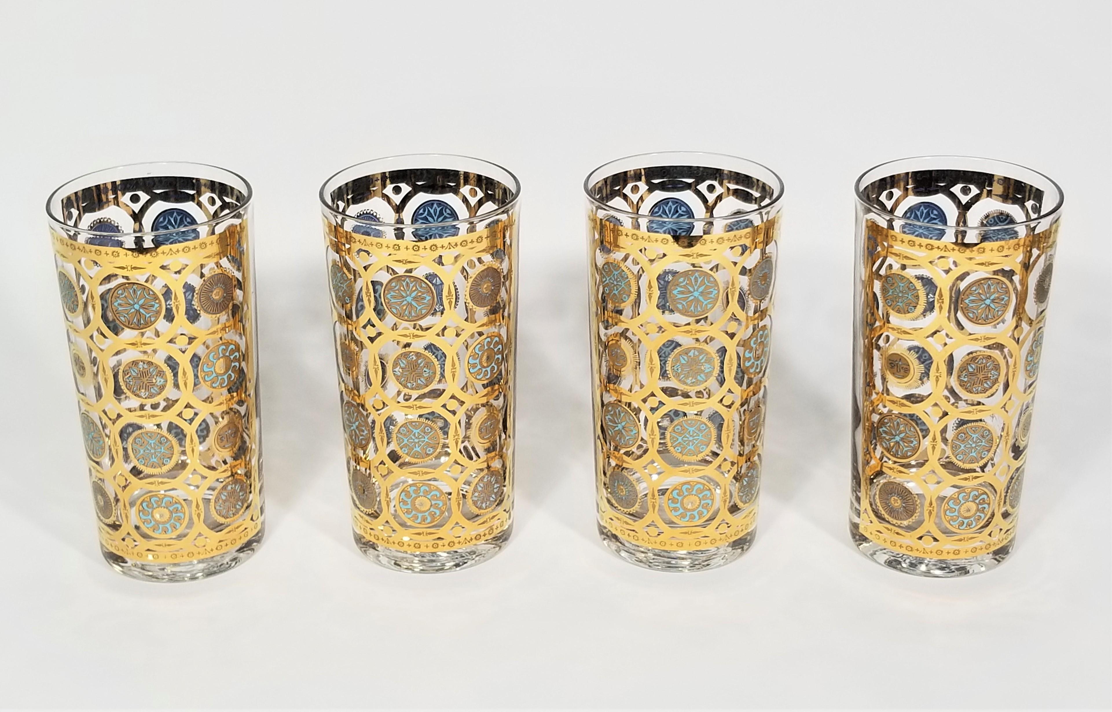 Culver Ltd 22K Gold and Turquoise Signed 1960s Glassware Barware Set of 8  In Excellent Condition For Sale In New York, NY