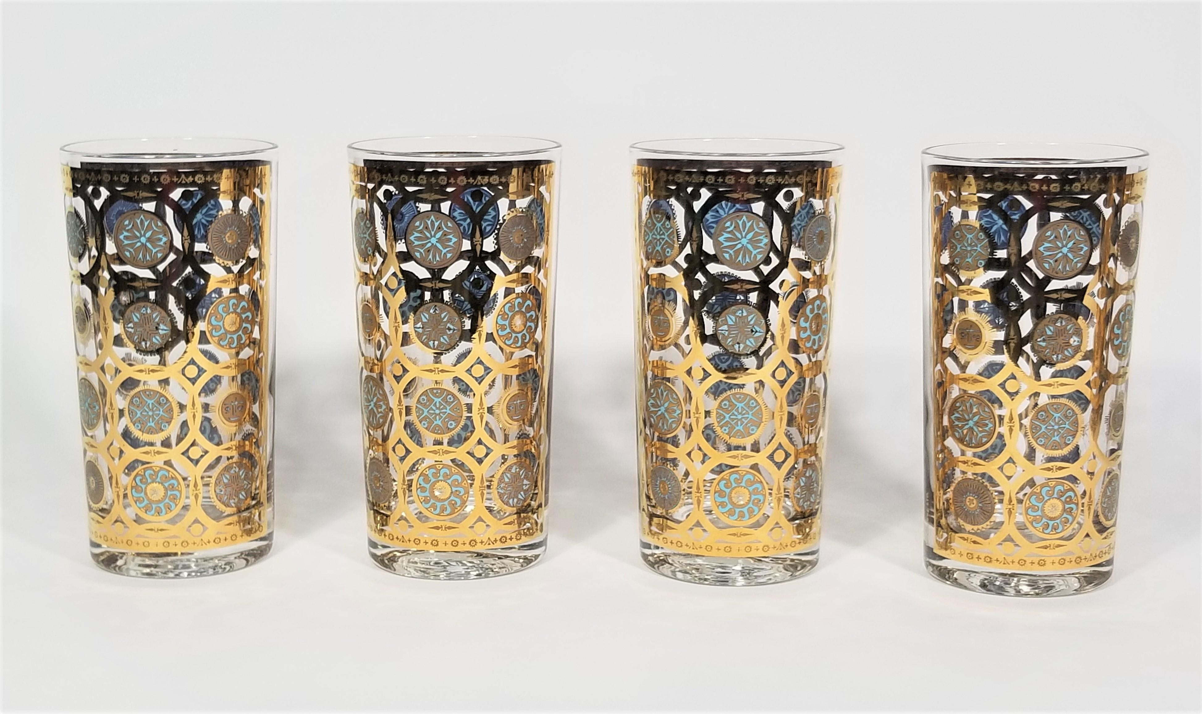 20th Century Culver Ltd 22K Gold and Turquoise Signed 1960s Glassware Barware Set of 8  For Sale