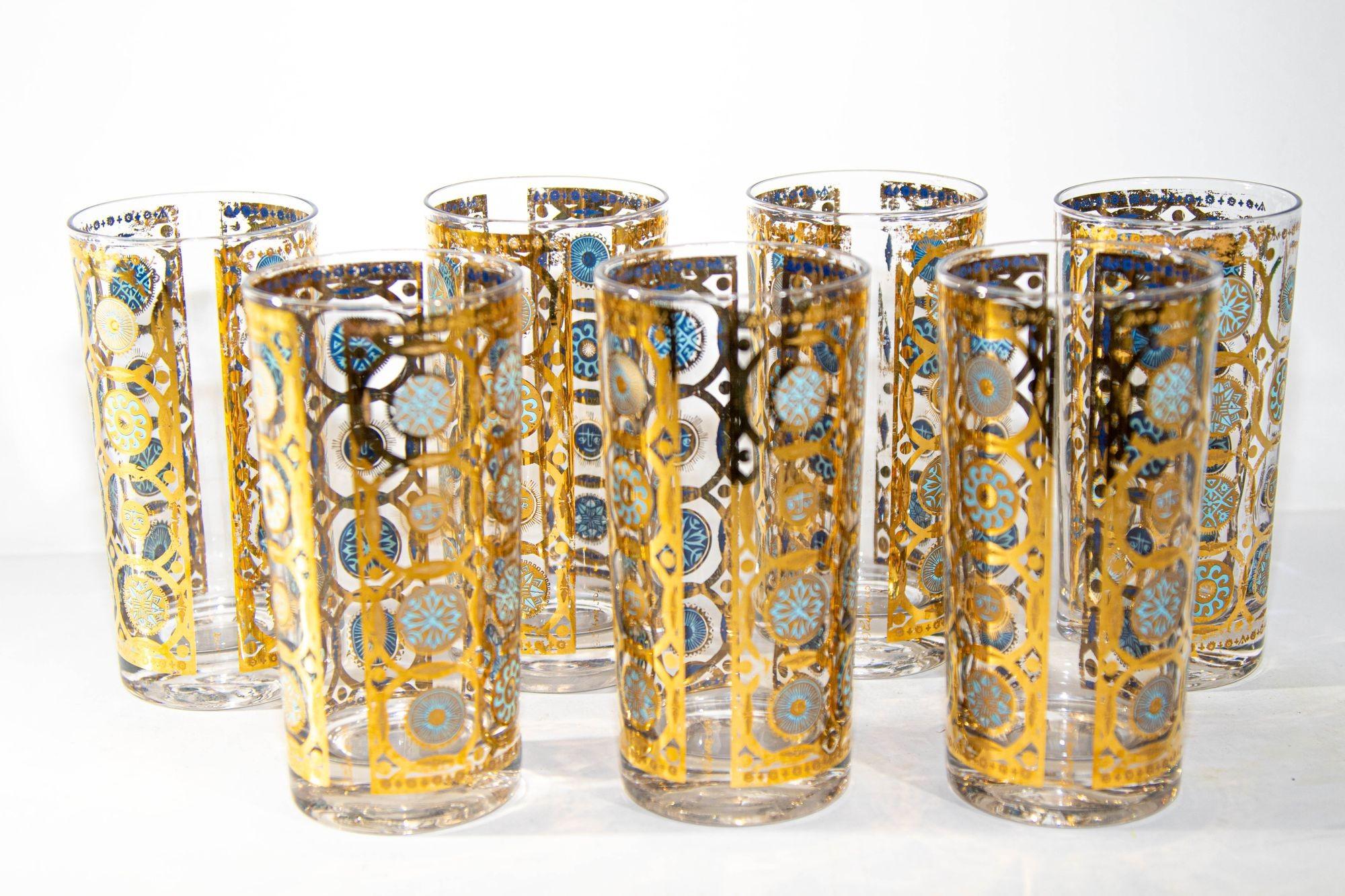 Art Glass Culver Ltd 22k Gold and Turquoise Signed Glassware Barware Set of 7, circa 1960s